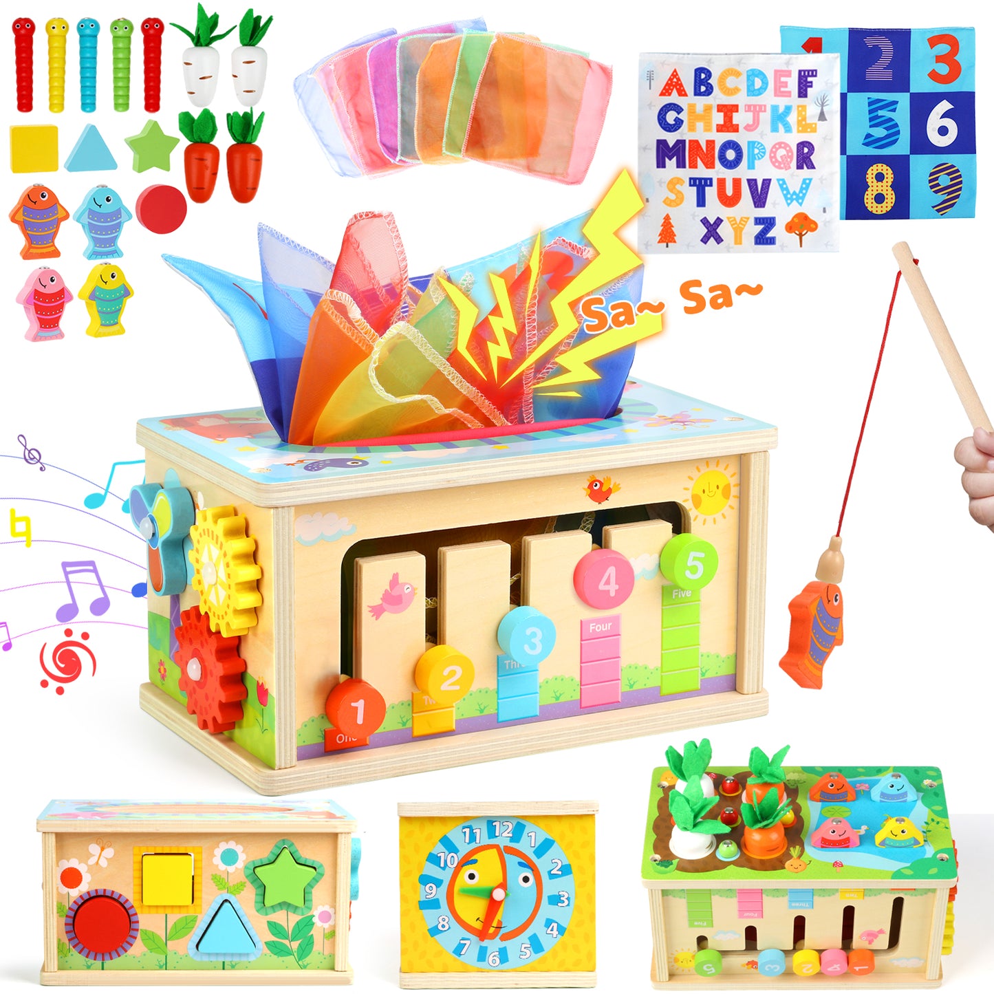 UUSUOO 8-in-1 Montessori Tissue Box Toy for Babies 6-12 Months,Wooden Activity Cube for Babies,Baby Puzzles 12-18 Months,Sensory Toys for Toddlers 1-3, Baby 1st Birthday Gift,Christmas Gifts for Baby