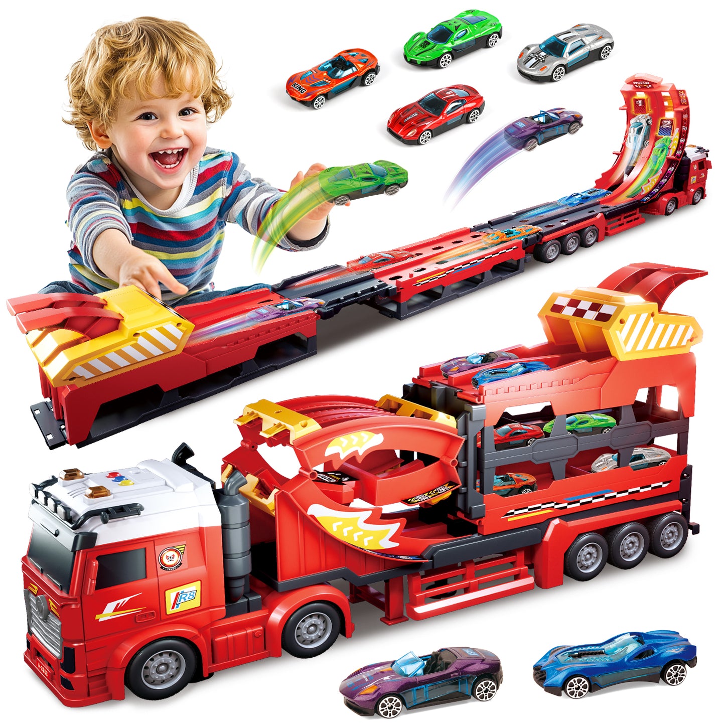 UUSUOO Carrier Truck Race Track Toys for Kids,45 inch Foldable Race Track with 6 Die-Cast Metal Toy Cars and Lights & Sounds, Truck Toys Toddlers Toys Xmas Gifts for 3 4 5 6 7 Years Old Boys and Girl