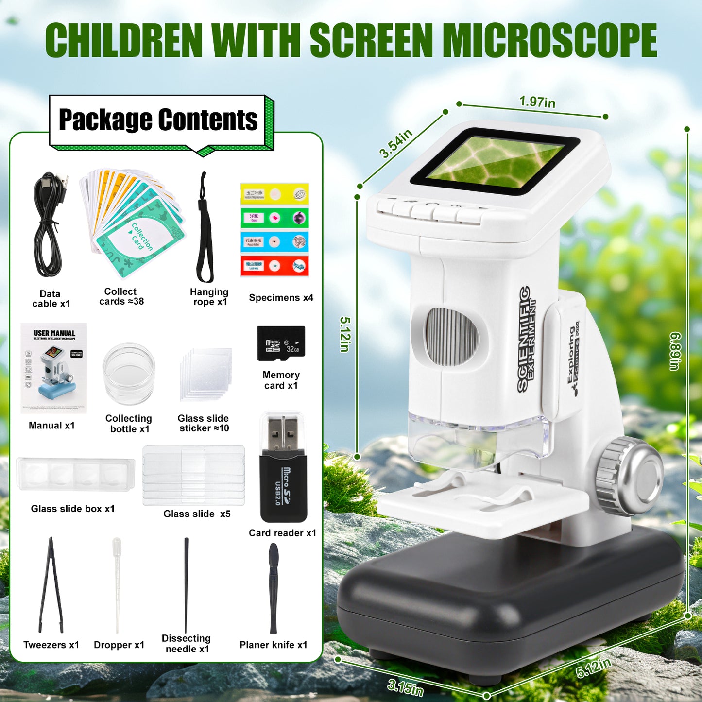 UUSUOO Microscope for Kids,120X-1200X Beginner STEM Microscope Kit with LED & 32GB Card,Science Kits for Kids,Educational Toys Birthday Christmas Gift for Kids Age 5-7 8-12