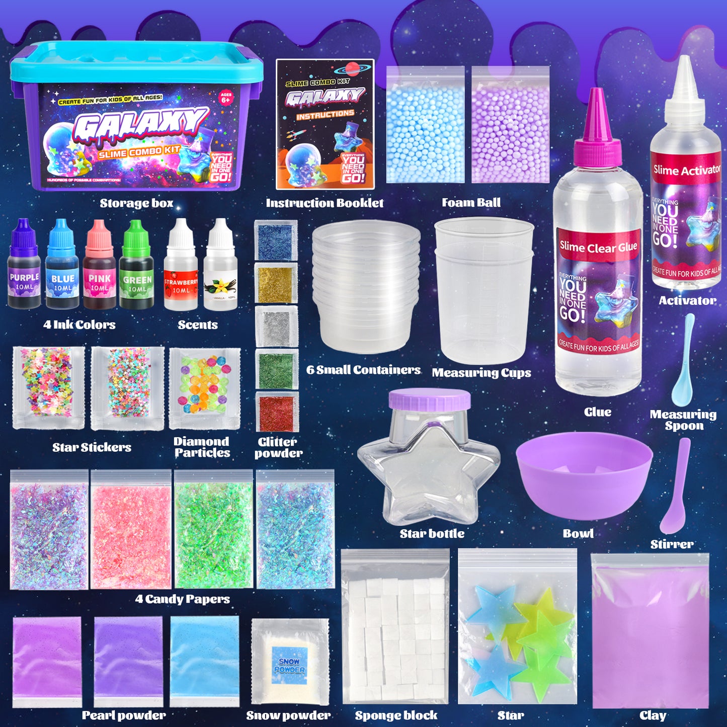 UUSUOO Galaxy Slime Kit,DIY Slime Making Kit with Glitter, Glow in The Dark Powder & Lots of Fun Add Ins,Slime Kits for Girls,Stress Relief Toys,Birthday Gifts for Girls Boys 6 7 8 9 10 11 12