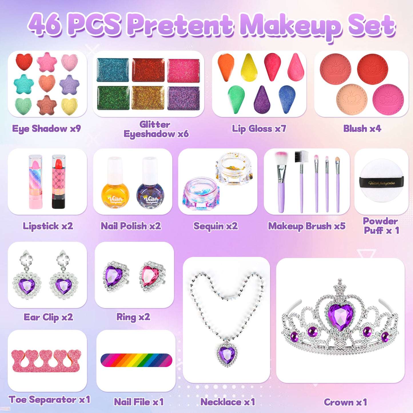 UUSUOO 46PCS Kids Makeup Kit for Girls,Real Washable Girls Makeup Kit for Kids,Non Toxic Pretend Play Cosmetic Set,Little Girls Princess Toys Gift for Christmas Birthday Aged 3 4 5 6 7 8 9 10,Purple