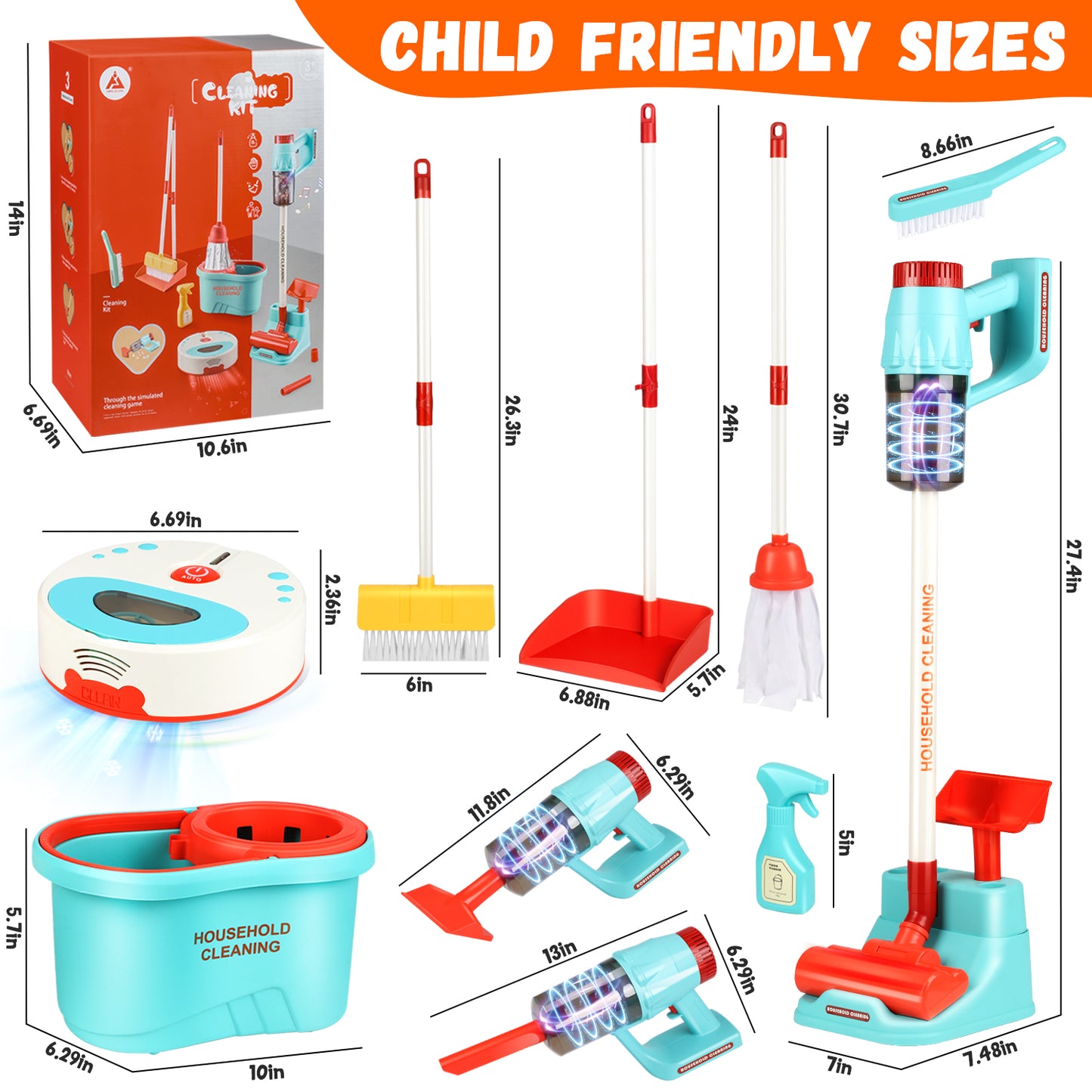 UUSUOO 13PCS Kids Cleaning Toy Sets,Kids Vacuum that Really Works with Light, Sound Effects,Kids Broom and Mop Set,Pretend Play Home Toddler Cleaning Set Toy Gifts for Boys & Girls Ages 3 4 5 6 7+