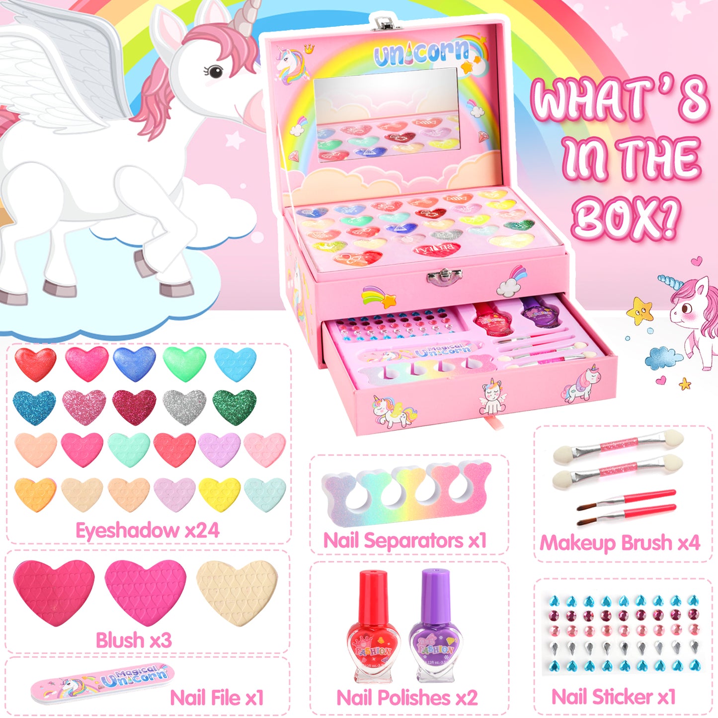 UUSUOO Kids Makeup Set for Girls, Girls Unicorn Makeup Kit for Kids Age 8-12, Real Washable Makeup Princess Toys for Girls 3-6 Years,Pink