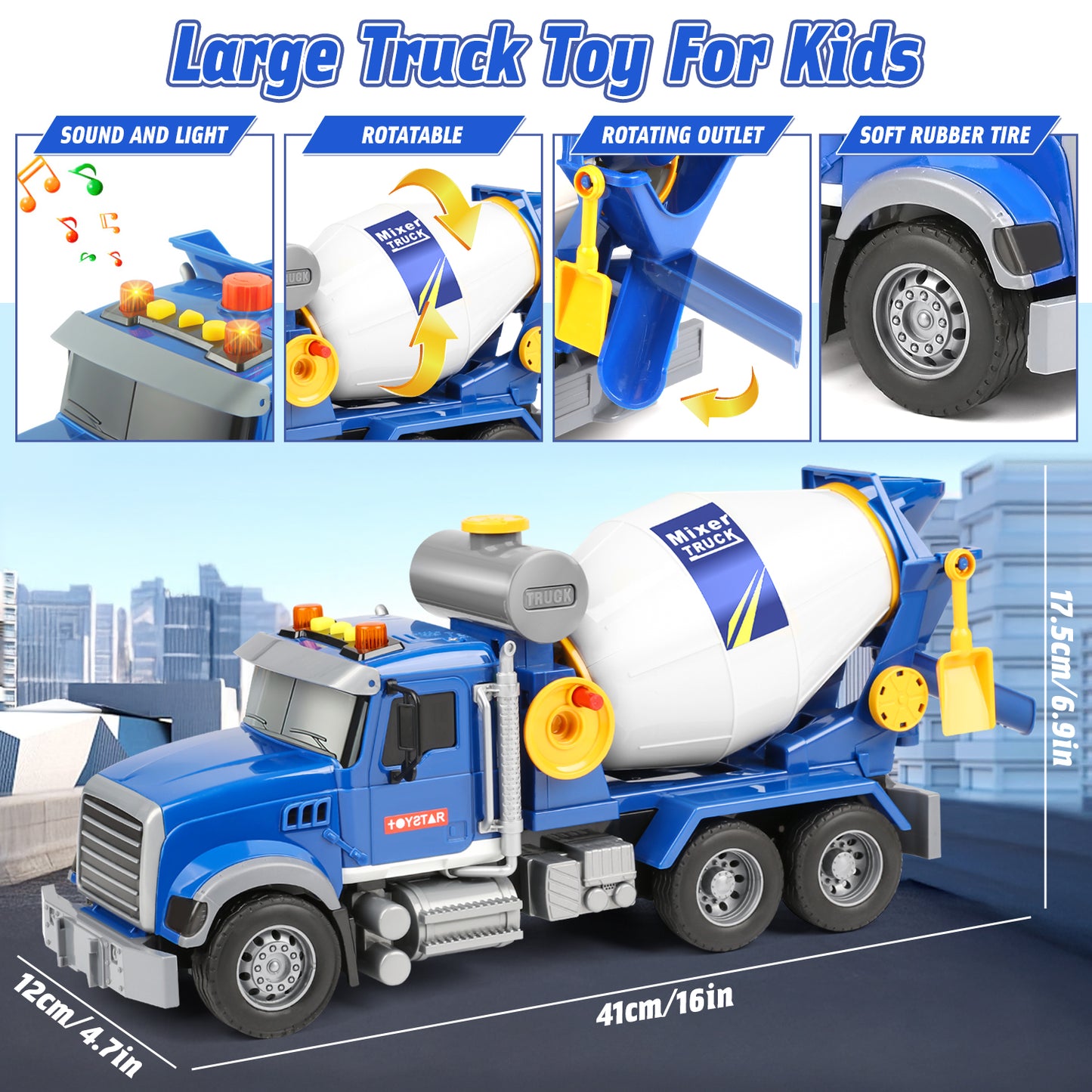UUSUOO Toddler Trucks for Boys 3-6 Years,16" Cement Mixer Toy Truck for Boys with Lights and Sounds,Construction Trucks for Boys Age 4-7,Kids Toy trucks Christmas Birthday Gifts for Kids,Blue