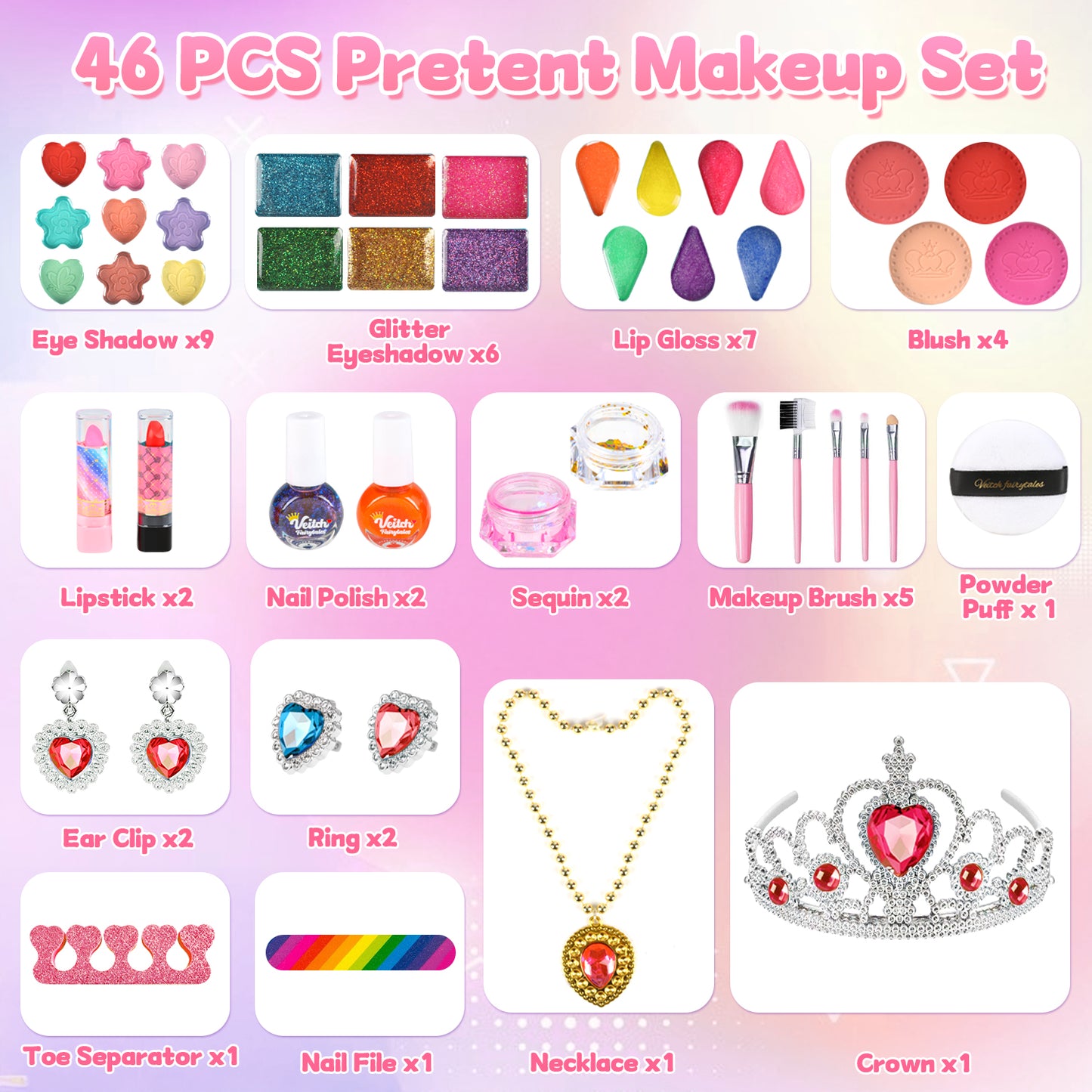 UUSUOO Kids Makeup Kit for Girls,46PCS Princess Toys Real Washable Cosmetic Set with Mirror,Non-Toxic Girls Makeup Kit,Girl Toys Christmas Birthday Gifts Toys for 3 4 5 6 7 8 9 10 Year Old Girls,Pink
