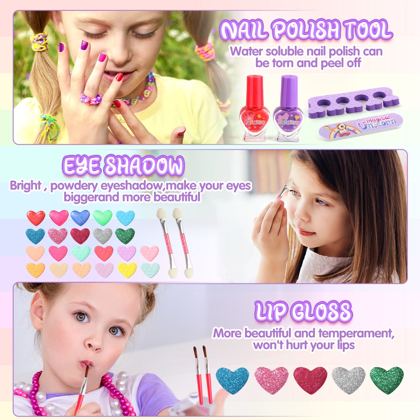 UUSUOO Kids Makeup Kit for Girls Toys,Real Washable Makeup Toy for Little Girl Princess,Play Make Up Birthday Gift Toy for Toddler Girls Age 3-6 9-10 Years,Purple