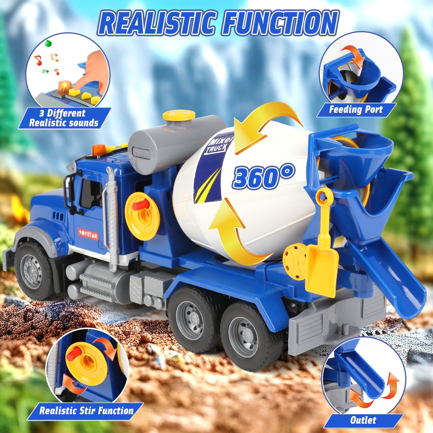 UUSUOO Toddler Trucks for Boys 3-6 Years,16" Cement Mixer Toy Truck for Boys with Lights and Sounds,Construction Trucks for Boys Age 4-7,Kids Toy trucks Christmas Birthday Gifts for Kids,Blue