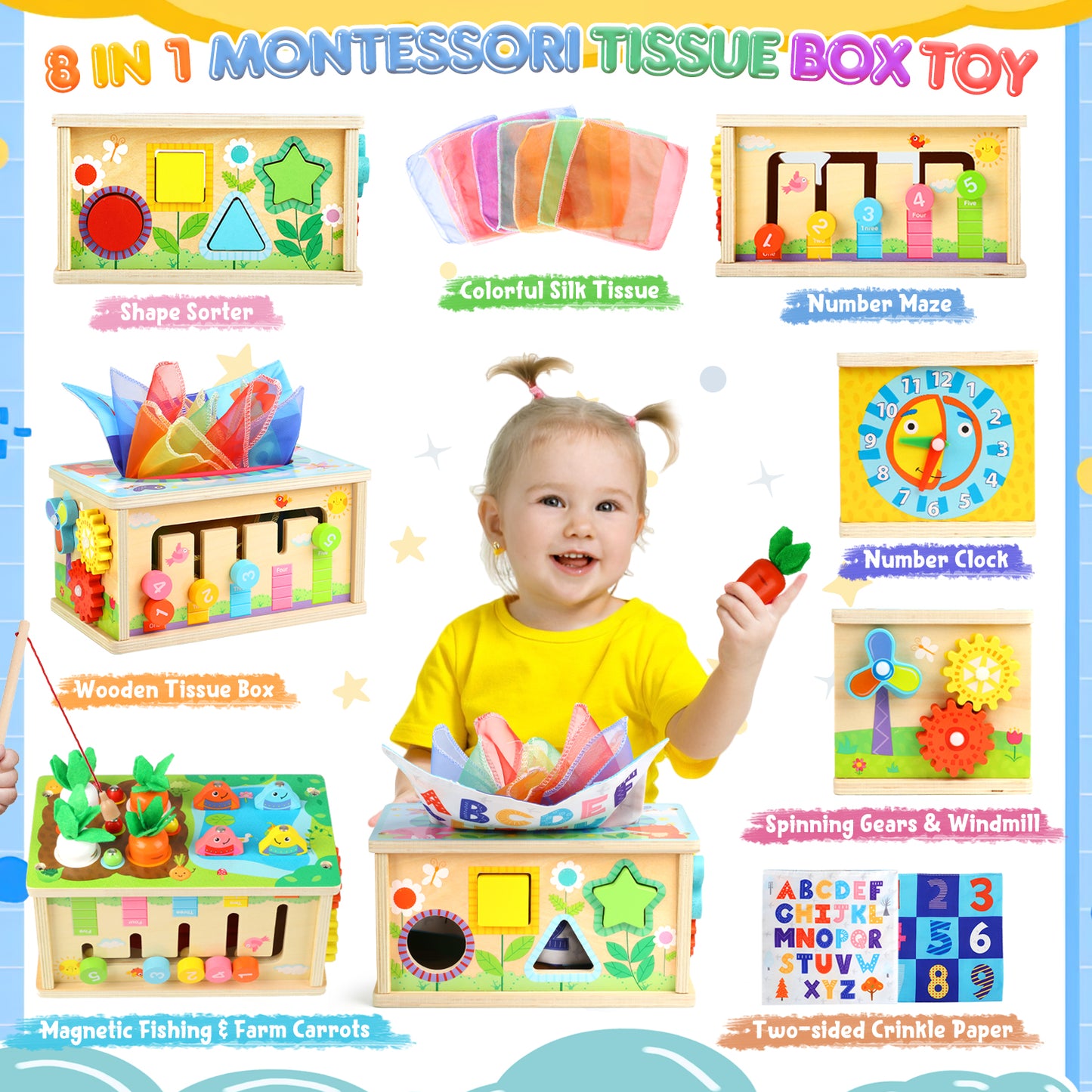 UUSUOO 8-in-1 Montessori Tissue Box Toy for Babies 6-12 Months,Wooden Activity Cube for Babies,Baby Puzzles 12-18 Months,Sensory Toys for Toddlers 1-3, Baby 1st Birthday Gift,Christmas Gifts for Baby