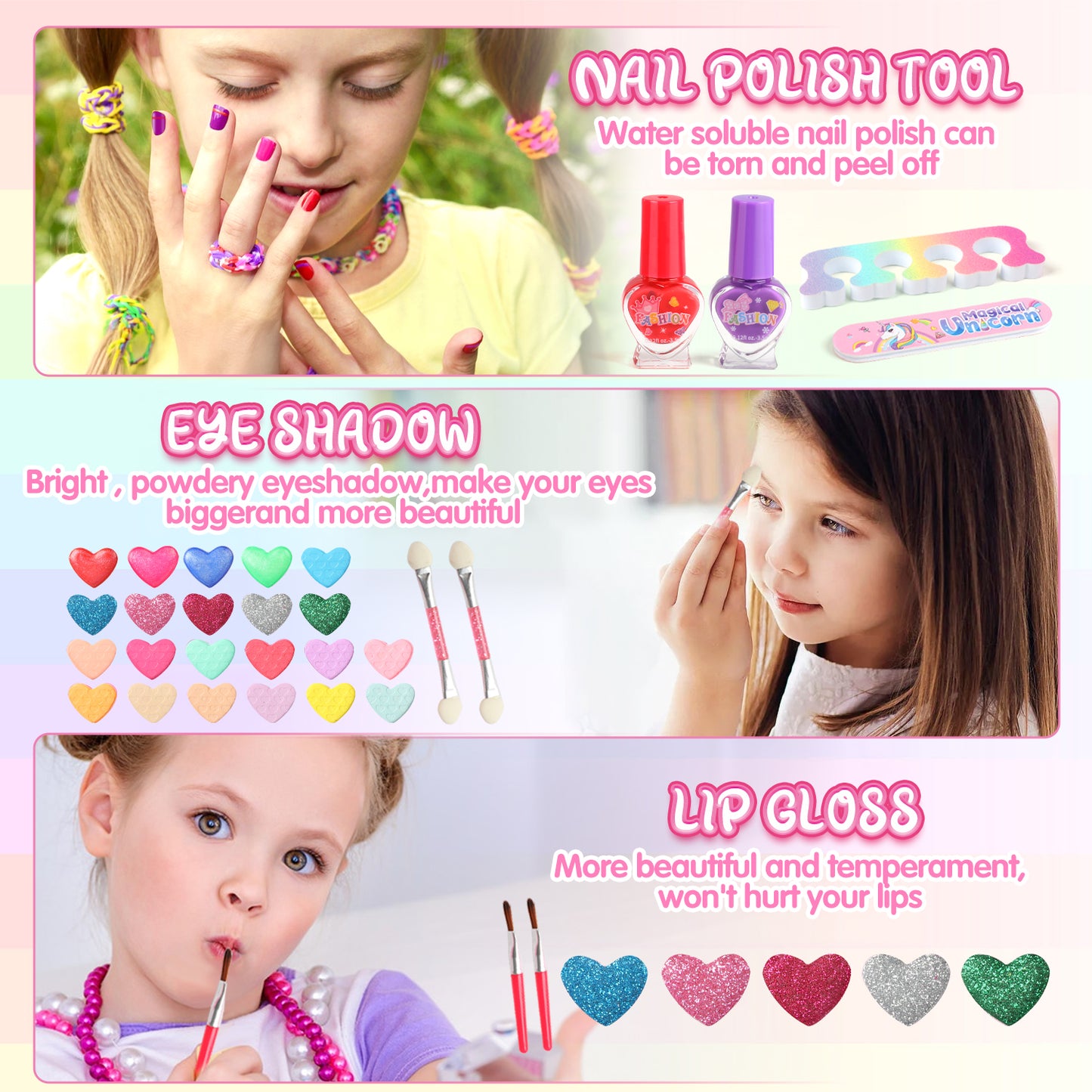 UUSUOO Kids Makeup Set for Girls, Girls Unicorn Makeup Kit for Kids Age 8-12, Real Washable Makeup Princess Toys for Girls 3-6 Years,Pink