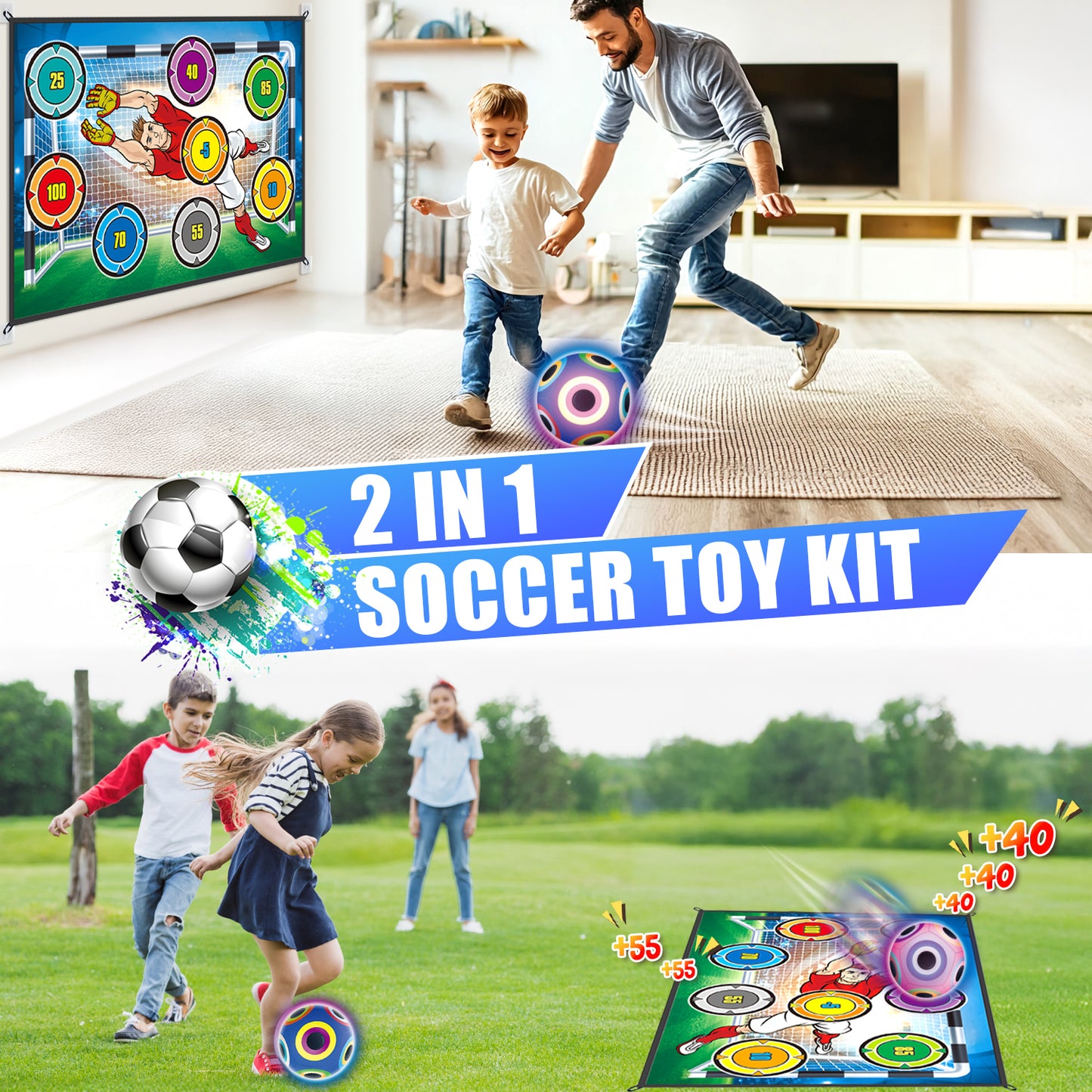 UUSUOO Soccer Ball Game Set for Kids,Indoor Outdoor Backyard Toss Soccer Goal Game with 2 Balls,1 Flannel Target,Soccer Toys Outdoor Toys for Kids,Birthday Gifts for Age 3 4 5 6 7 8-12 Year Old Boys
