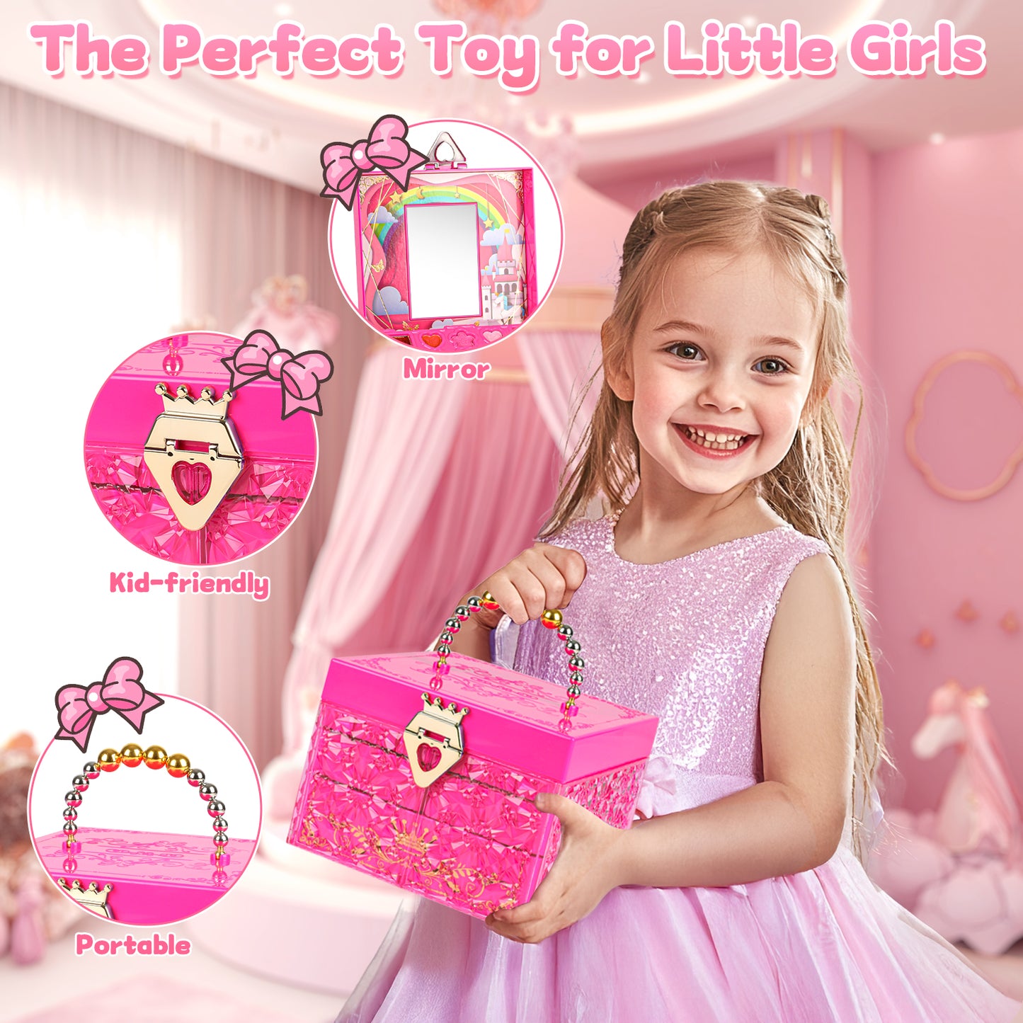 UUSUOO Kids Makeup Kit for Girls,46PCS Princess Toys Real Washable Cosmetic Set with Mirror,Non-Toxic Girls Makeup Kit,Girl Toys Christmas Birthday Gifts Toys for 3 4 5 6 7 8 9 10 Year Old Girls,Pink