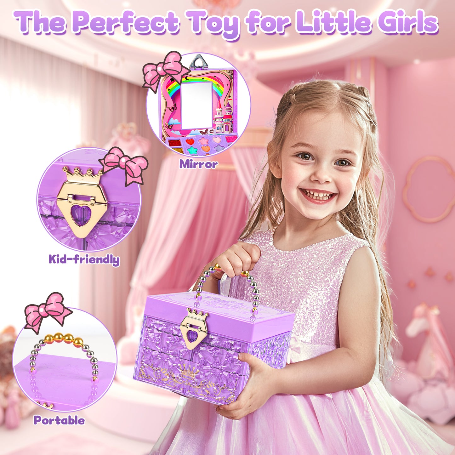 UUSUOO 46PCS Kids Makeup Kit for Girls,Real Washable Girls Makeup Kit for Kids,Non Toxic Pretend Play Cosmetic Set,Little Girls Princess Toys Gift for Christmas Birthday Aged 3 4 5 6 7 8 9 10,Purple