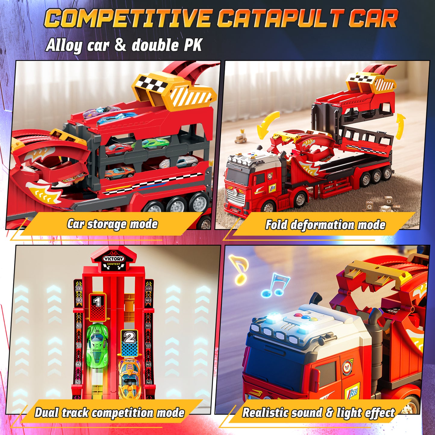 UUSUOO Carrier Truck Race Track Toys for Kids,45 inch Foldable Race Track with 6 Die-Cast Metal Toy Cars and Lights & Sounds, Truck Toys Toddlers Toys Xmas Gifts for 3 4 5 6 7 Years Old Boys and Girl