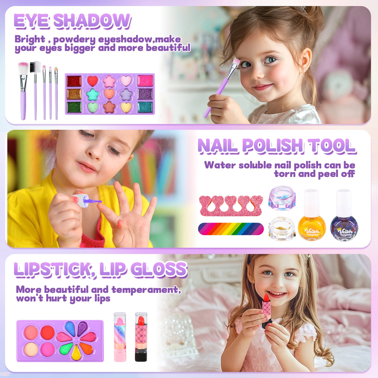 UUSUOO 46PCS Kids Makeup Kit for Girls,Real Washable Girls Makeup Kit for Kids,Non Toxic Pretend Play Cosmetic Set,Little Girls Princess Toys Gift for Christmas Birthday Aged 3 4 5 6 7 8 9 10,Purple