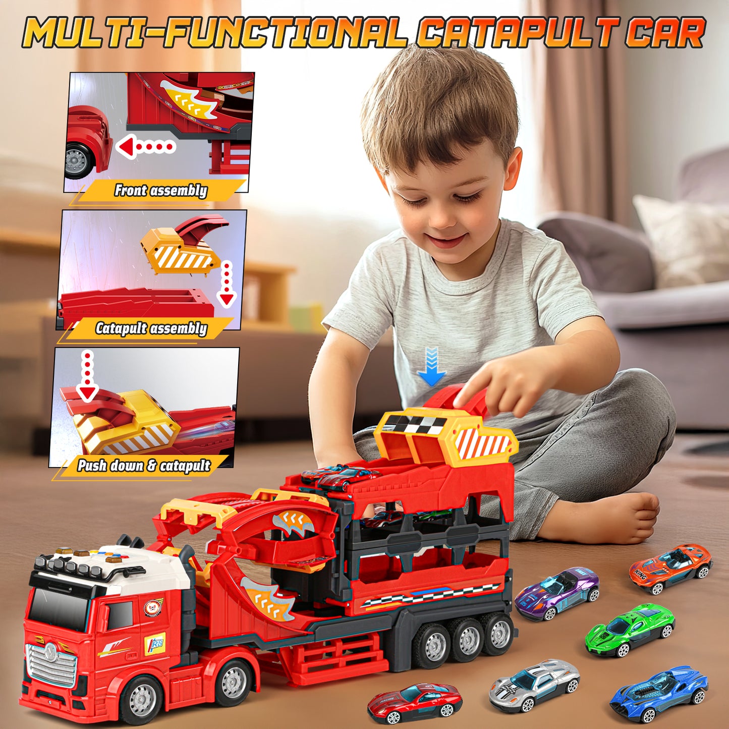 UUSUOO Carrier Truck Race Track Toys for Kids,45 inch Foldable Race Track with 6 Die-Cast Metal Toy Cars and Lights & Sounds, Truck Toys Toddlers Toys Xmas Gifts for 3 4 5 6 7 Years Old Boys and Girl