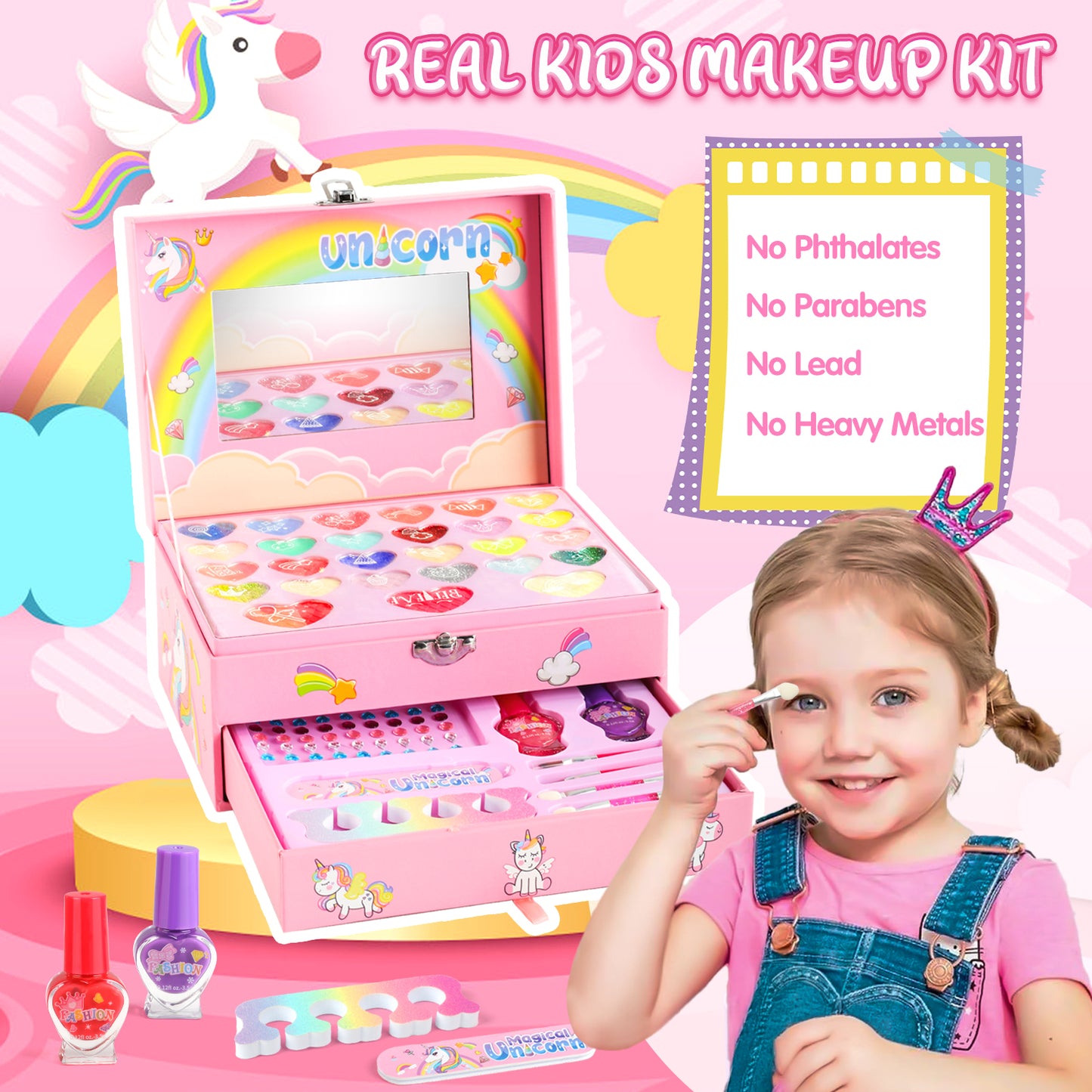 UUSUOO Kids Makeup Set for Girls, Girls Unicorn Makeup Kit for Kids Age 8-12, Real Washable Makeup Princess Toys for Girls 3-6 Years,Pink