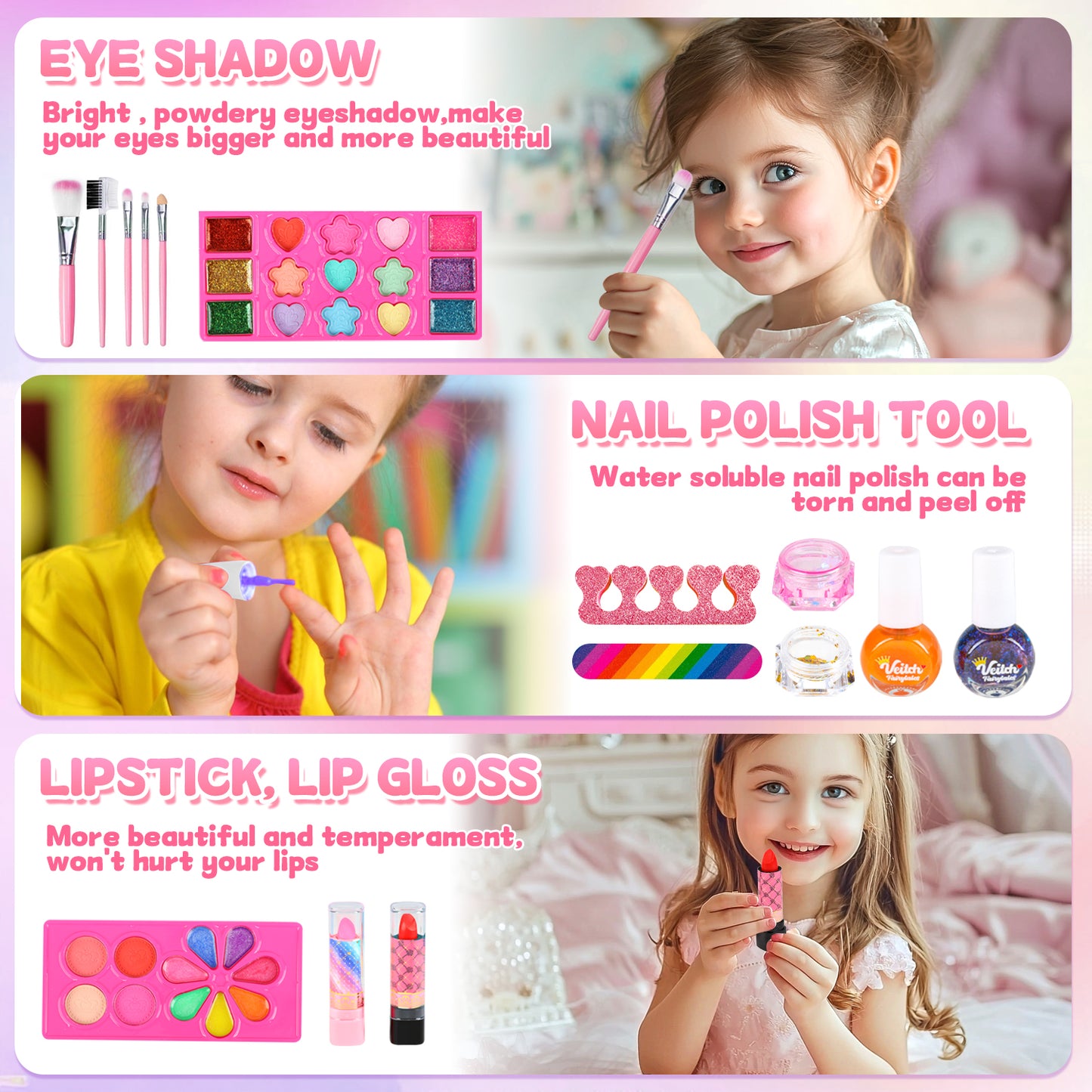 UUSUOO Kids Makeup Kit for Girls,46PCS Princess Toys Real Washable Cosmetic Set with Mirror,Non-Toxic Girls Makeup Kit,Girl Toys Christmas Birthday Gifts Toys for 3 4 5 6 7 8 9 10 Year Old Girls,Pink