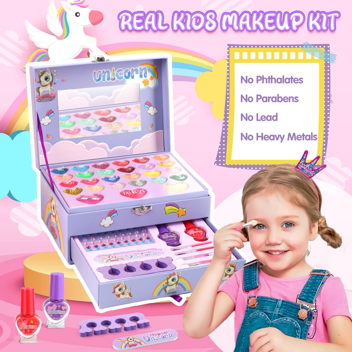 UUSUOO Kids Makeup Kit for Girls Toys,Real Washable Makeup Toy for Little Girl Princess,Play Make Up Birthday Gift Toy for Toddler Girls Age 3-6 9-10 Years,Purple