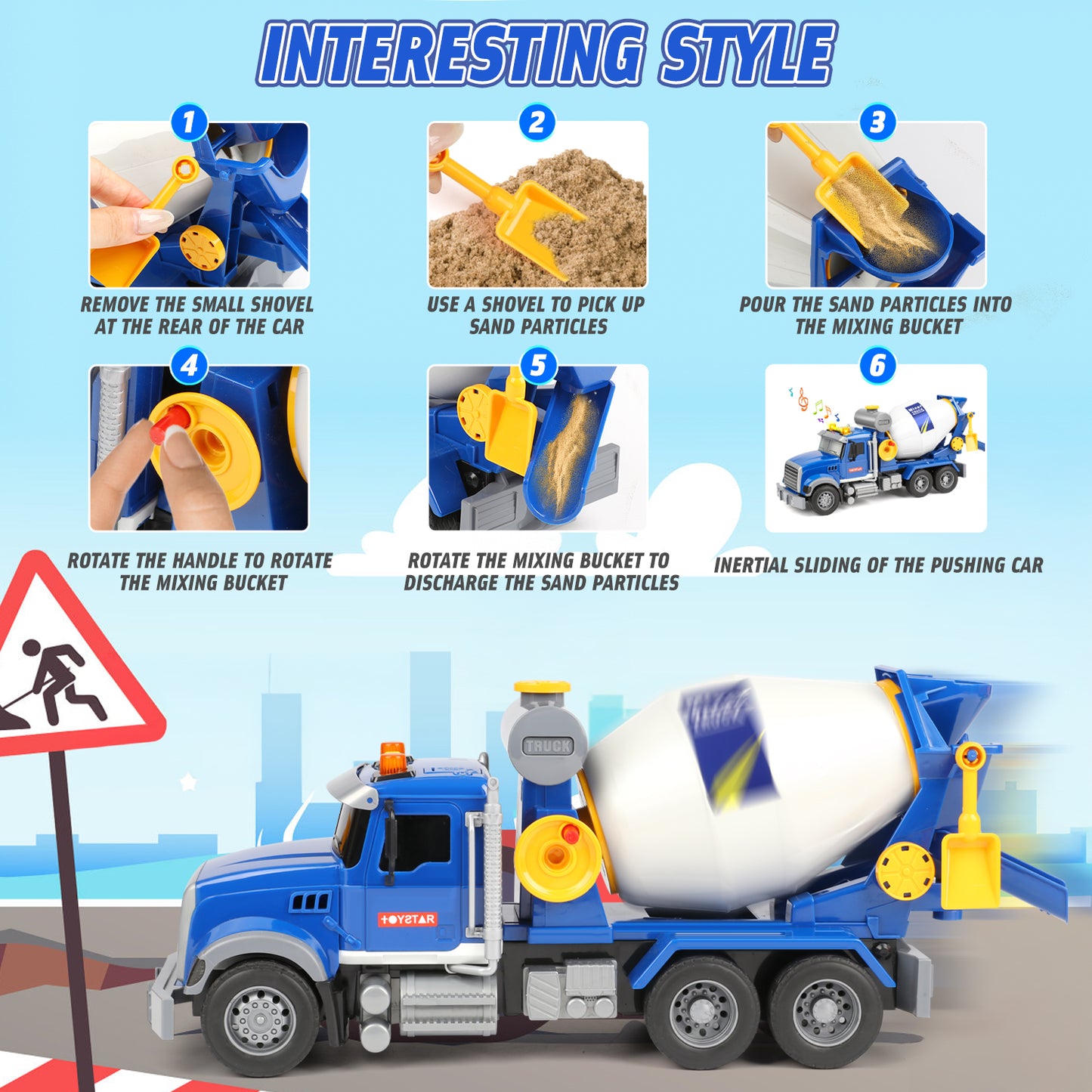 UUSUOO Toddler Trucks for Boys 3-6 Years,16" Cement Mixer Toy Truck for Boys with Lights and Sounds,Construction Trucks for Boys Age 4-7,Kids Toy trucks Christmas Birthday Gifts for Kids,Blue
