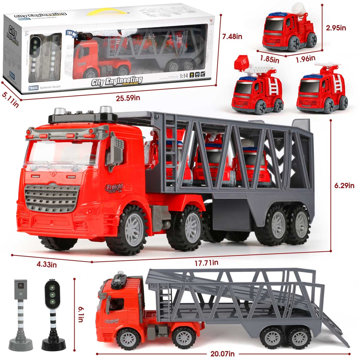 UUSUOO Toy Trucks for Boys 3-6 Years,17" Fire Truck Toys,Friction Powered Tow Truck Toys with 3 Mini Cars,Lights and Sounds,Kids Toys Birthday Gifts for for 3 4 5 6 7+ Years Old Boys Girls,Red