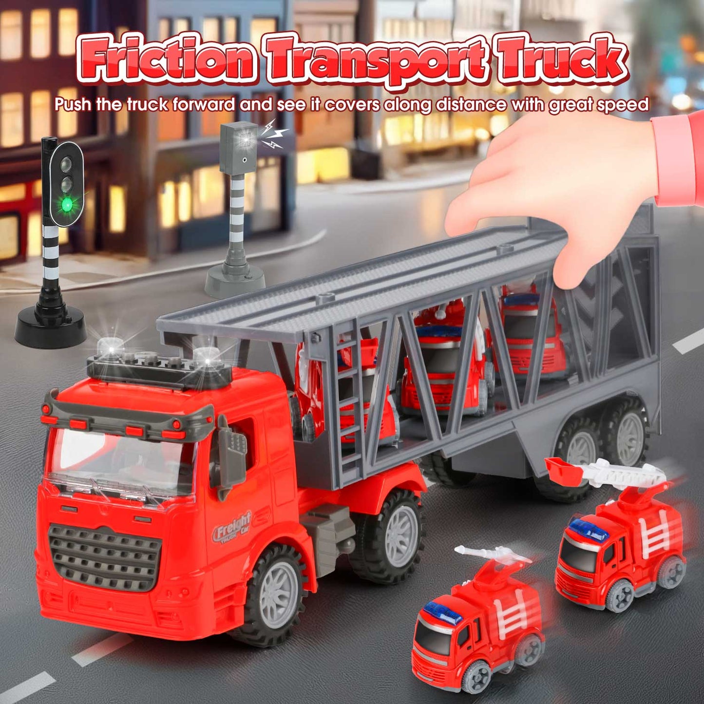 UUSUOO Toy Trucks for Boys 3-6 Years,17" Fire Truck Toys,Friction Powered Tow Truck Toys with 3 Mini Cars,Lights and Sounds,Kids Toys Birthday Gifts for for 3 4 5 6 7+ Years Old Boys Girls,Red