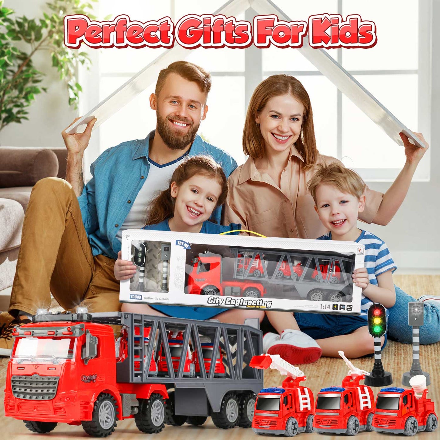 UUSUOO Toy Trucks for Boys 3-6 Years,17" Fire Truck Toys,Friction Powered Tow Truck Toys with 3 Mini Cars,Lights and Sounds,Kids Toys Birthday Gifts for for 3 4 5 6 7+ Years Old Boys Girls,Red