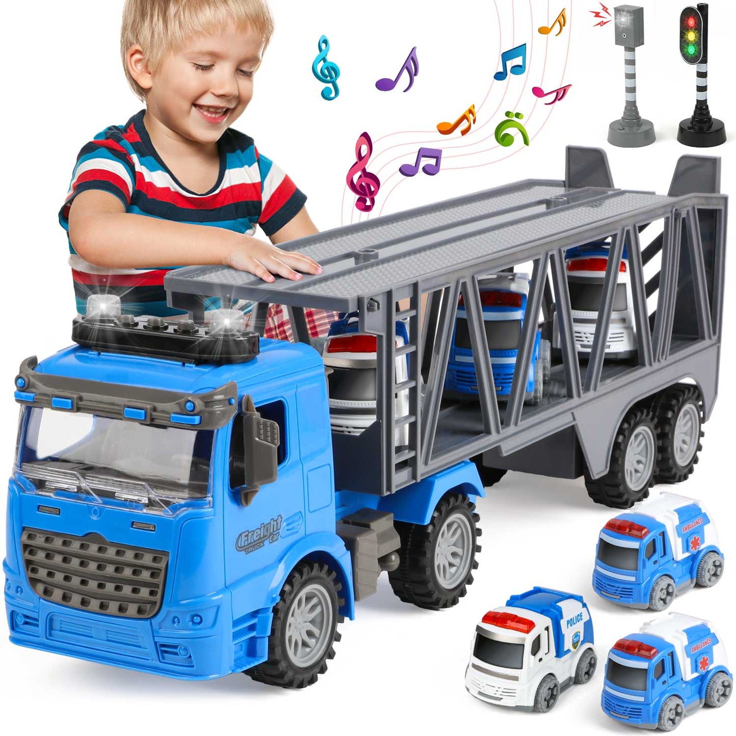 UUSUOO Toy Trucks for Boys 3-6 Years,17" Friction Powered Tow Truck Toys with 3 Mini Cars,Lights and Sounds,Police Car Toys,Birthday Gifts for 3 4 5 6 + Year Old Boys Girls,Blue