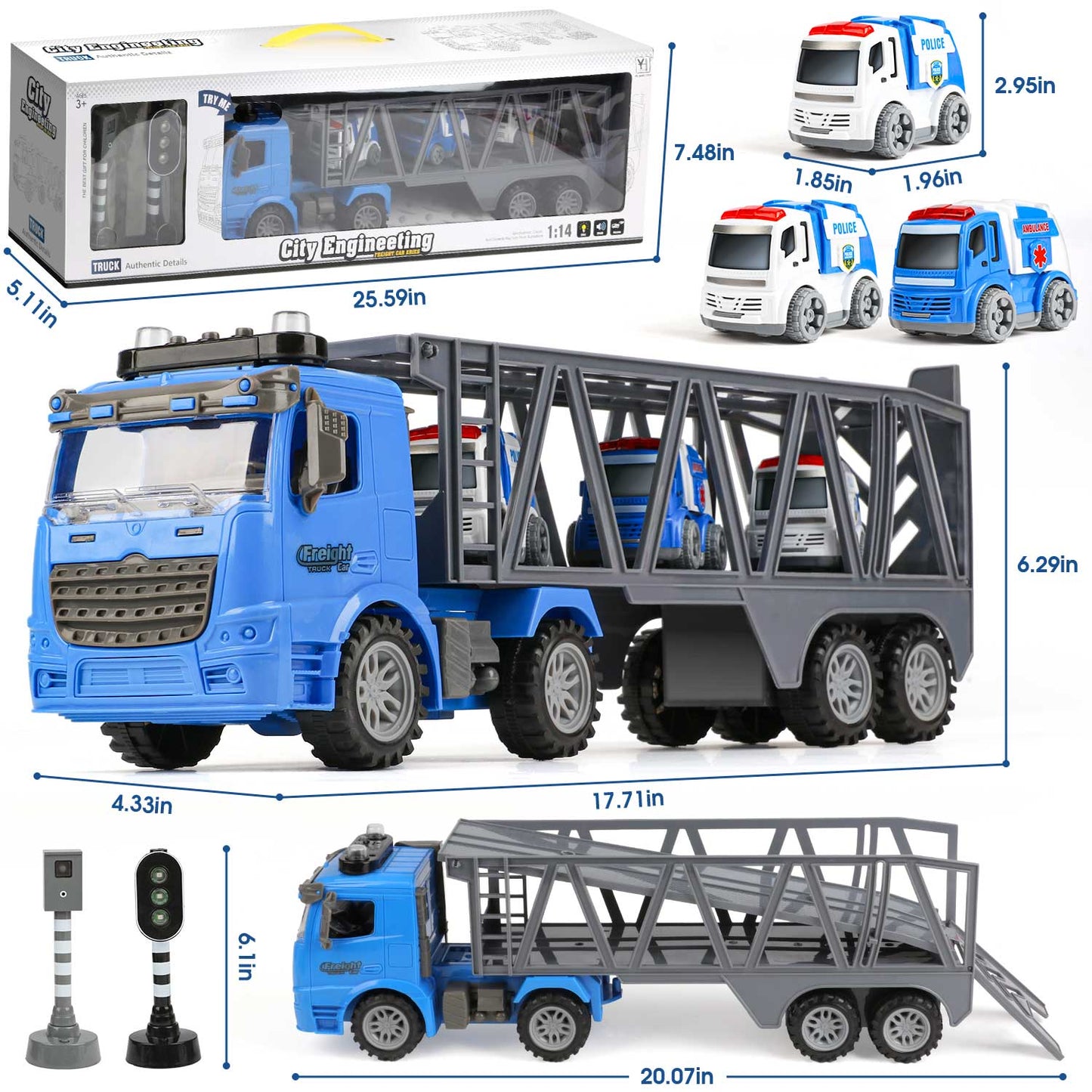 UUSUOO Toy Trucks for Boys 3-6 Years,17" Friction Powered Tow Truck Toys with 3 Mini Cars,Lights and Sounds,Police Car Toys,Birthday Gifts for 3 4 5 6 + Year Old Boys Girls,Blue