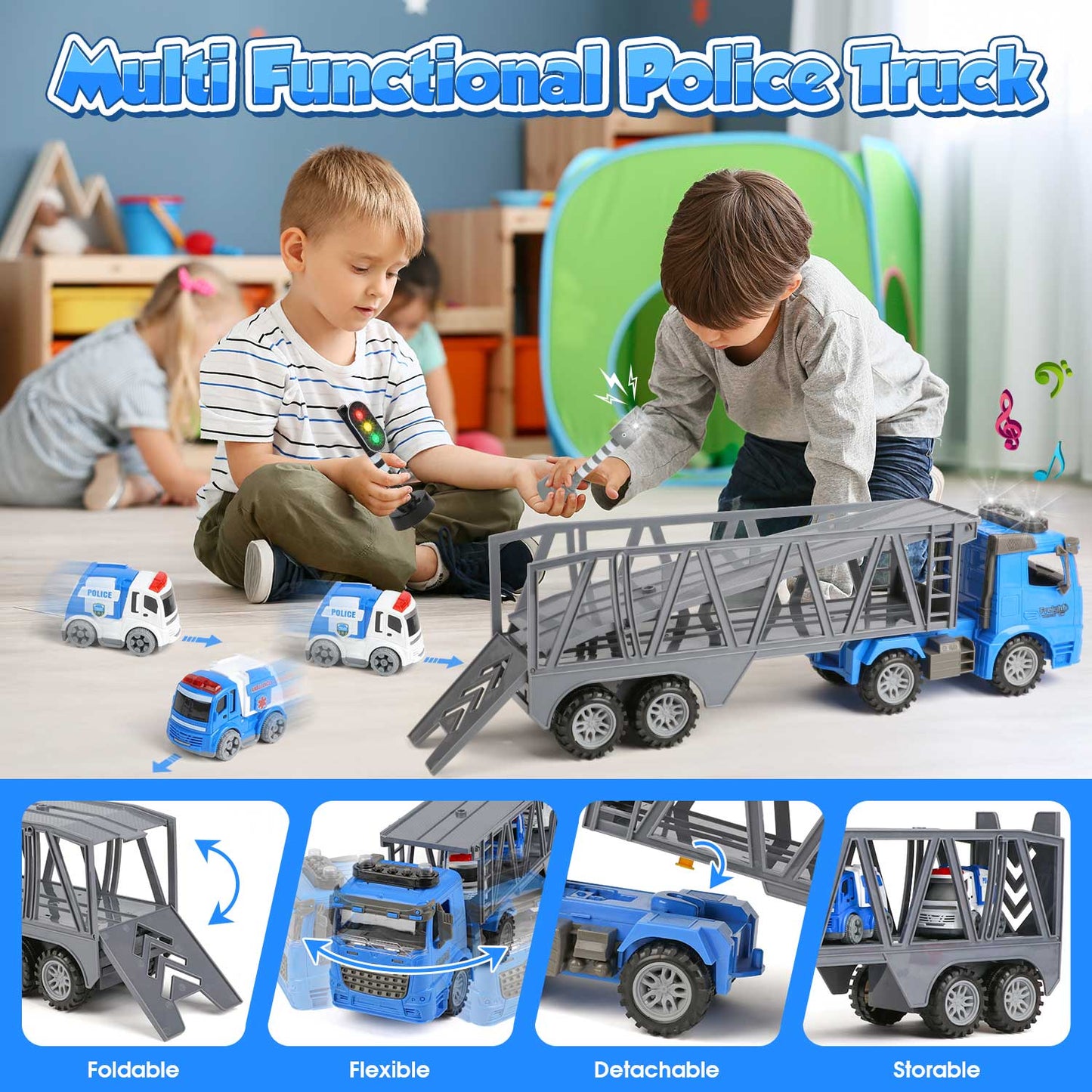 UUSUOO Toy Trucks for Boys 3-6 Years,17" Friction Powered Tow Truck Toys with 3 Mini Cars,Lights and Sounds,Police Car Toys,Birthday Gifts for 3 4 5 6 + Year Old Boys Girls,Blue