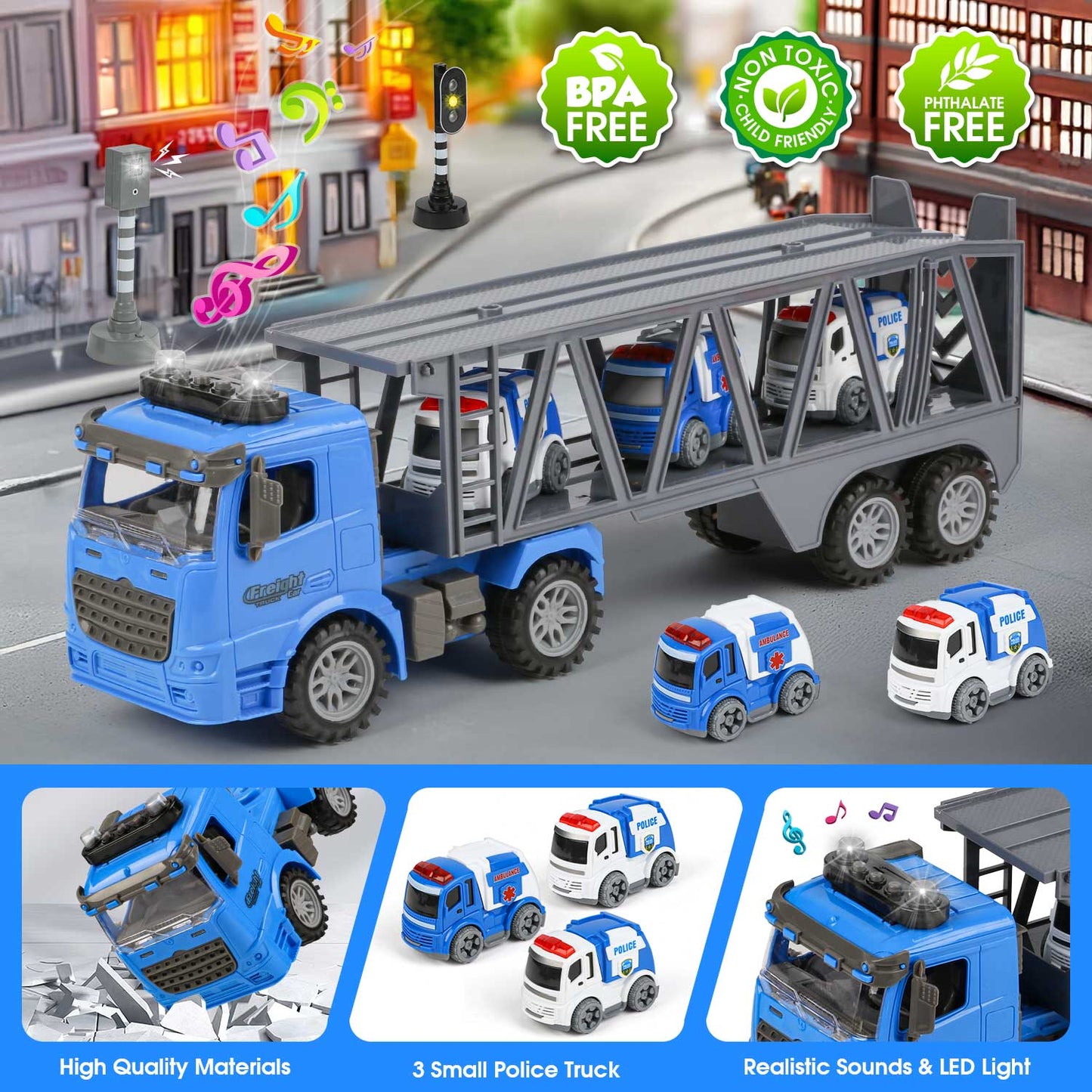 UUSUOO Toy Trucks for Boys 3-6 Years,17" Friction Powered Tow Truck Toys with 3 Mini Cars,Lights and Sounds,Police Car Toys,Birthday Gifts for 3 4 5 6 + Year Old Boys Girls,Blue