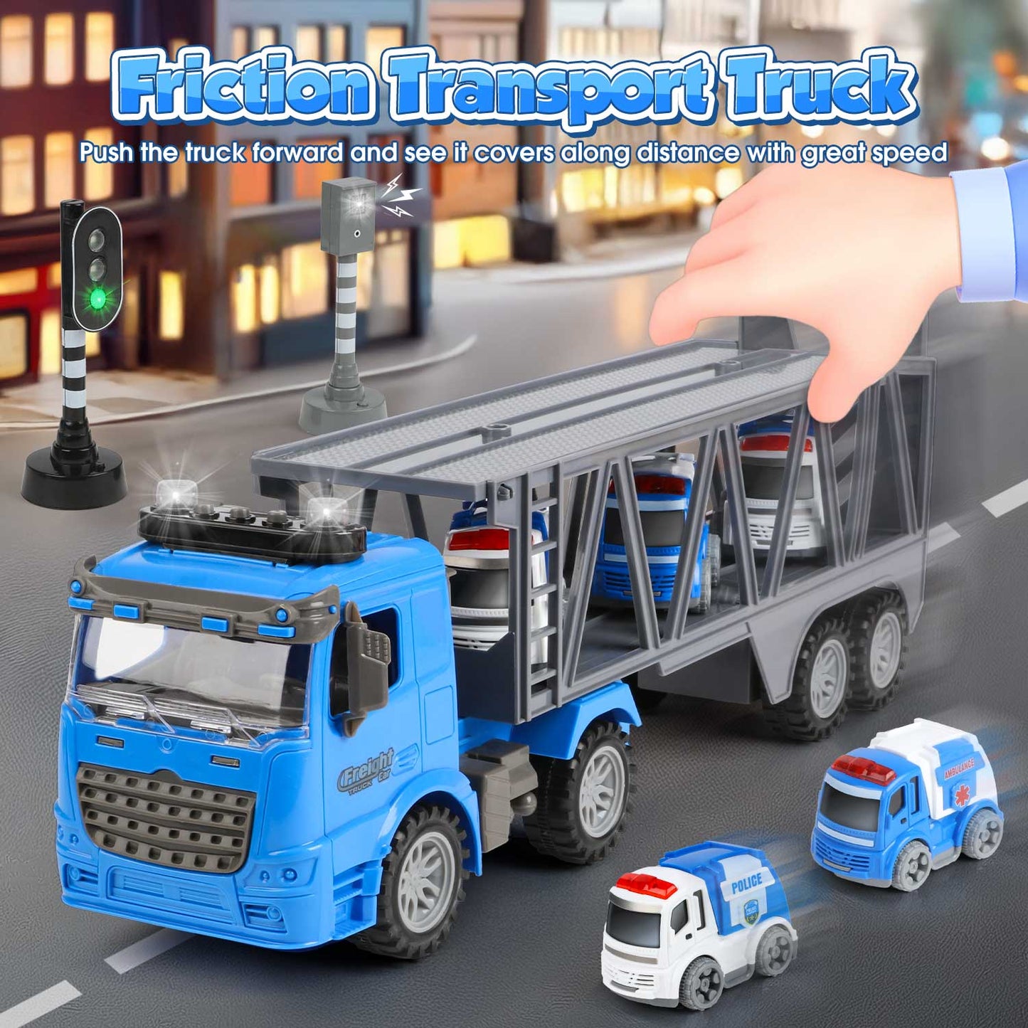 UUSUOO Toy Trucks for Boys 3-6 Years,17" Friction Powered Tow Truck Toys with 3 Mini Cars,Lights and Sounds,Police Car Toys,Birthday Gifts for 3 4 5 6 + Year Old Boys Girls,Blue
