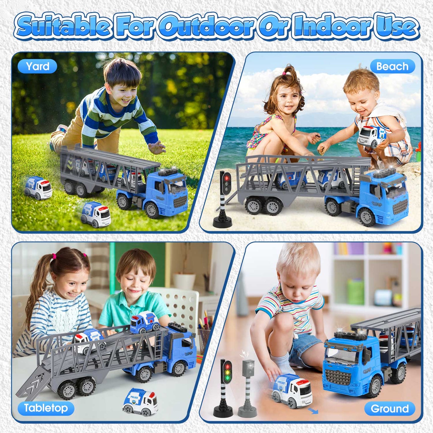 UUSUOO Toy Trucks for Boys 3-6 Years,17" Friction Powered Tow Truck Toys with 3 Mini Cars,Lights and Sounds,Police Car Toys,Birthday Gifts for 3 4 5 6 + Year Old Boys Girls,Blue