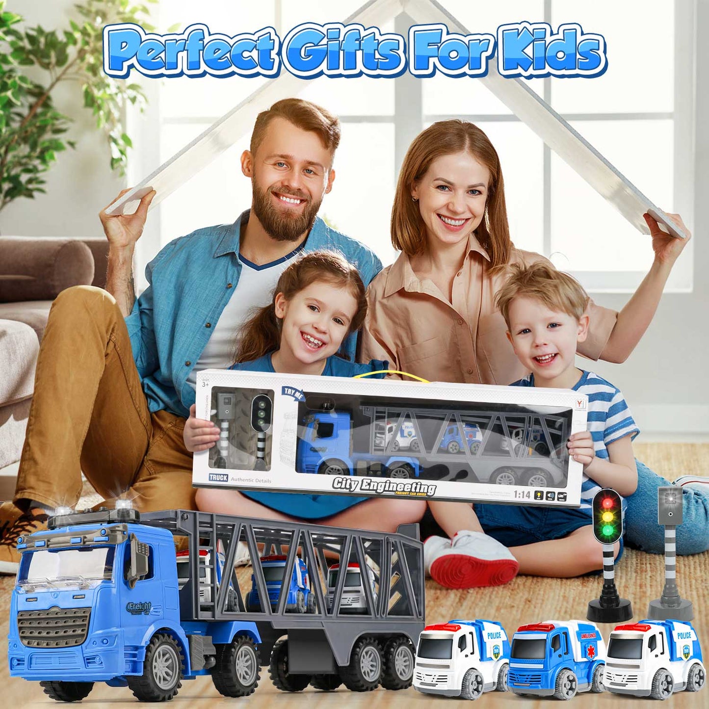 UUSUOO Toy Trucks for Boys 3-6 Years,17" Friction Powered Tow Truck Toys with 3 Mini Cars,Lights and Sounds,Police Car Toys,Birthday Gifts for 3 4 5 6 + Year Old Boys Girls,Blue