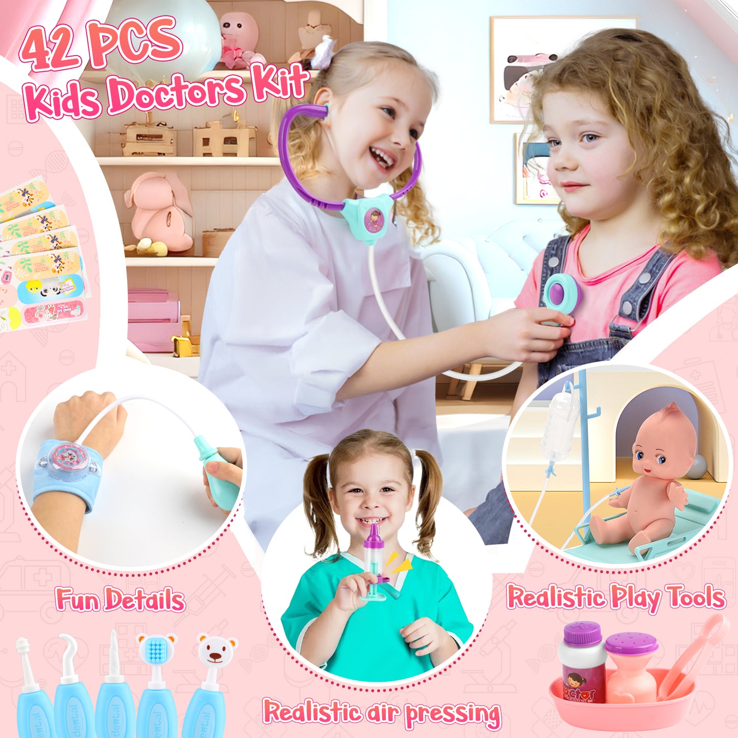 UUSUOO Doctor Kit for Toddlers 3-5,42PCS Doctor Pretend Play Set for Kids,Medical Kit Toy for Toddler with Stethoscope and Other Accessories,Doctor Role Play Set,Christmas Gifts for Kids 3-6