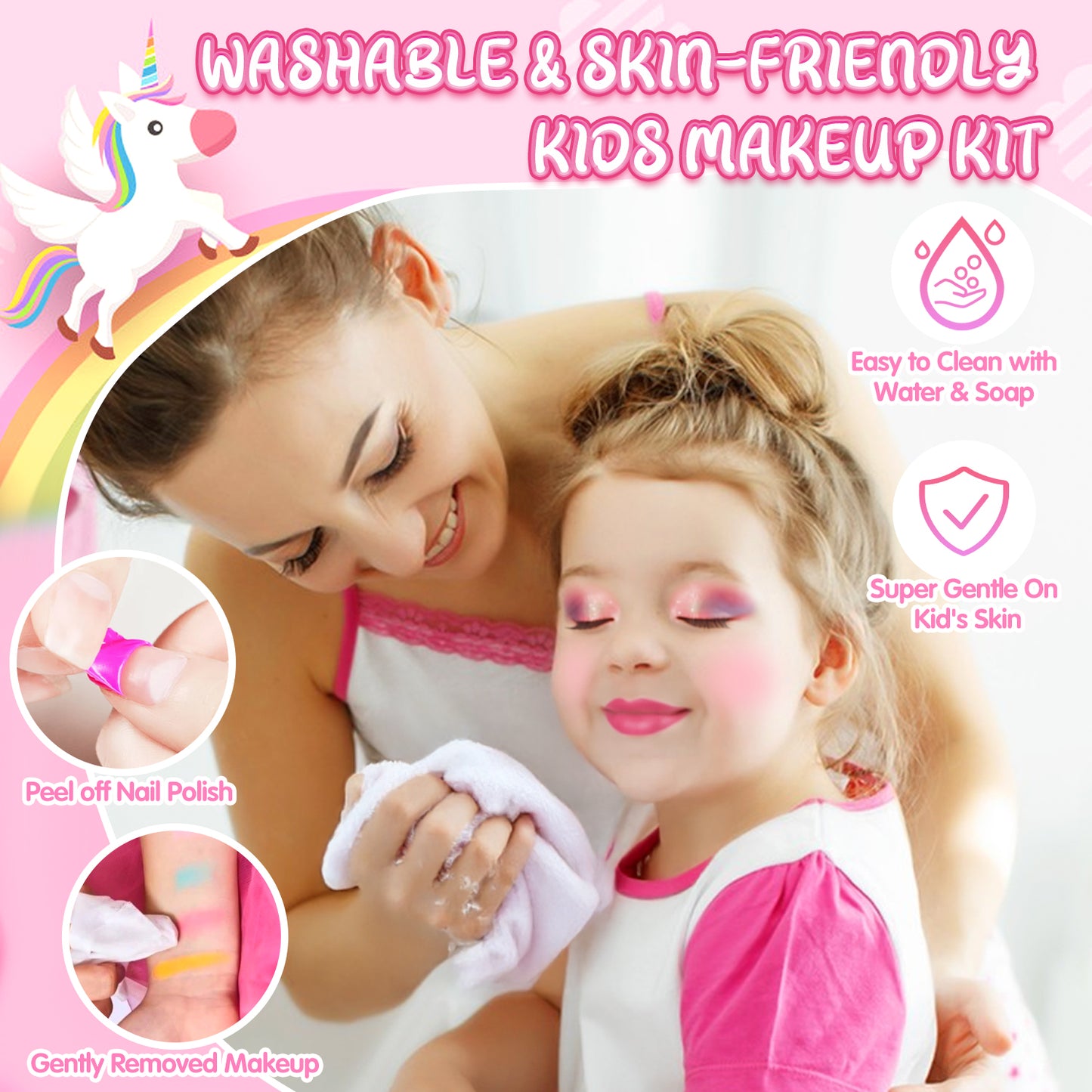 UUSUOO Kids Makeup Set for Girls, Girls Unicorn Makeup Kit for Kids Age 8-12, Real Washable Makeup Princess Toys for Girls 3-6 Years,Pink