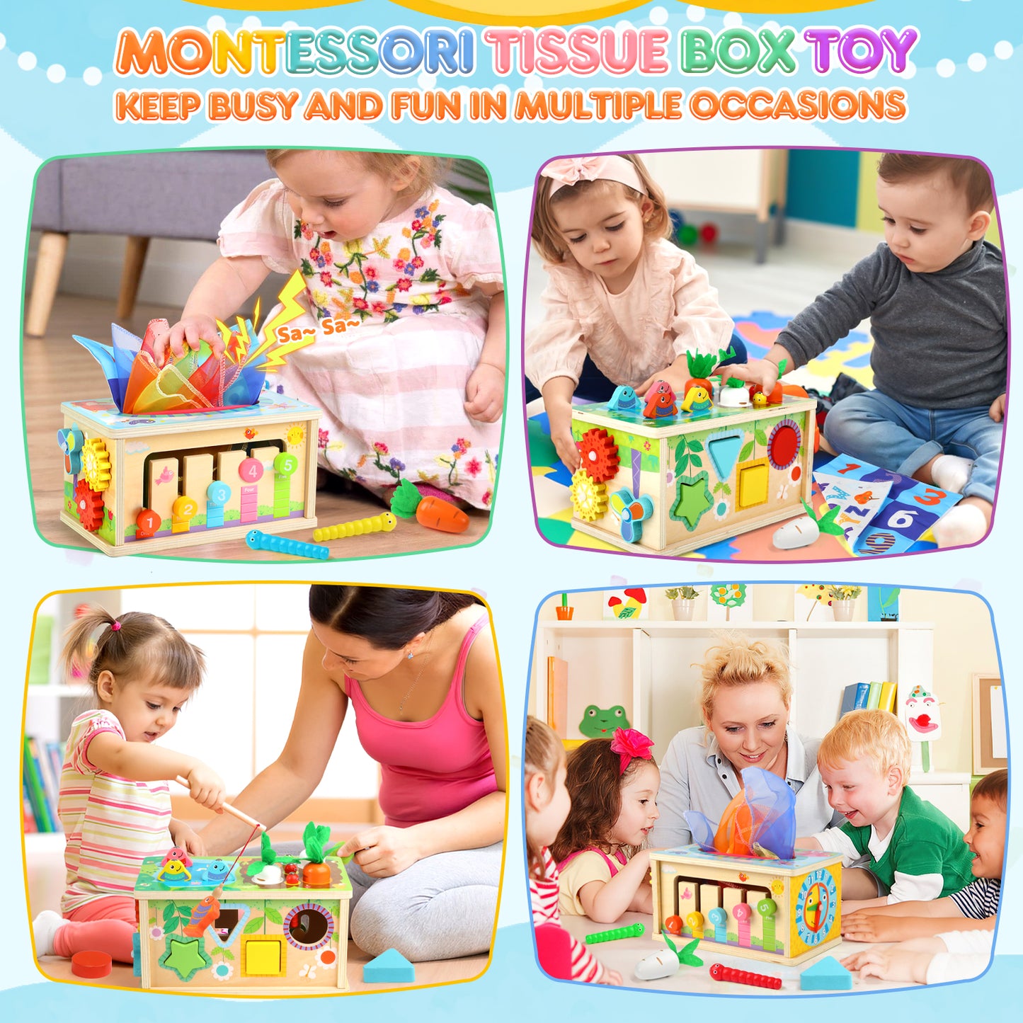 UUSUOO 8-in-1 Montessori Tissue Box Toy for Babies 6-12 Months,Wooden Activity Cube for Babies,Baby Puzzles 12-18 Months,Sensory Toys for Toddlers 1-3, Baby 1st Birthday Gift,Christmas Gifts for Baby