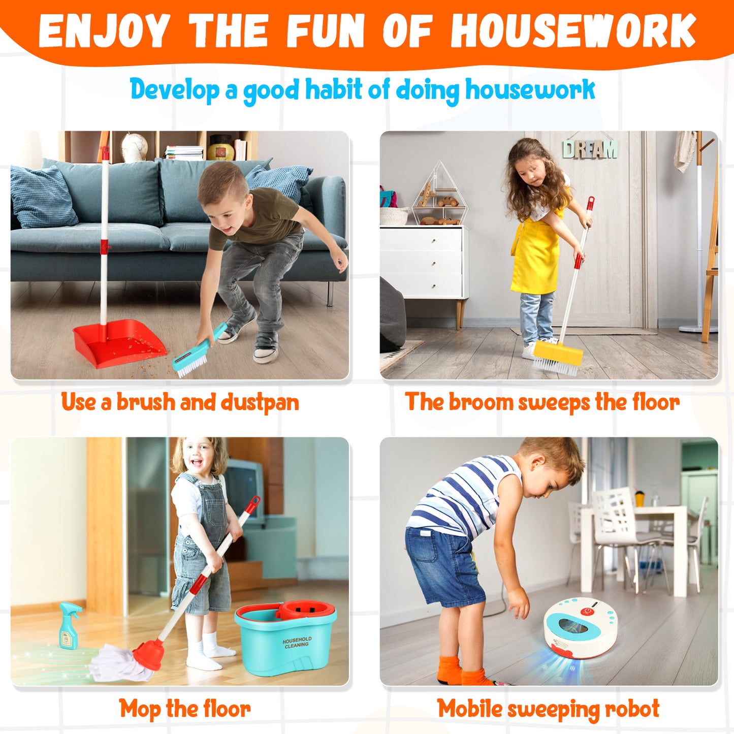 UUSUOO 13PCS Kids Cleaning Toy Sets,Kids Vacuum that Really Works with Light, Sound Effects,Kids Broom and Mop Set,Pretend Play Home Toddler Cleaning Set Toy Gifts for Boys & Girls Ages 3 4 5 6 7+