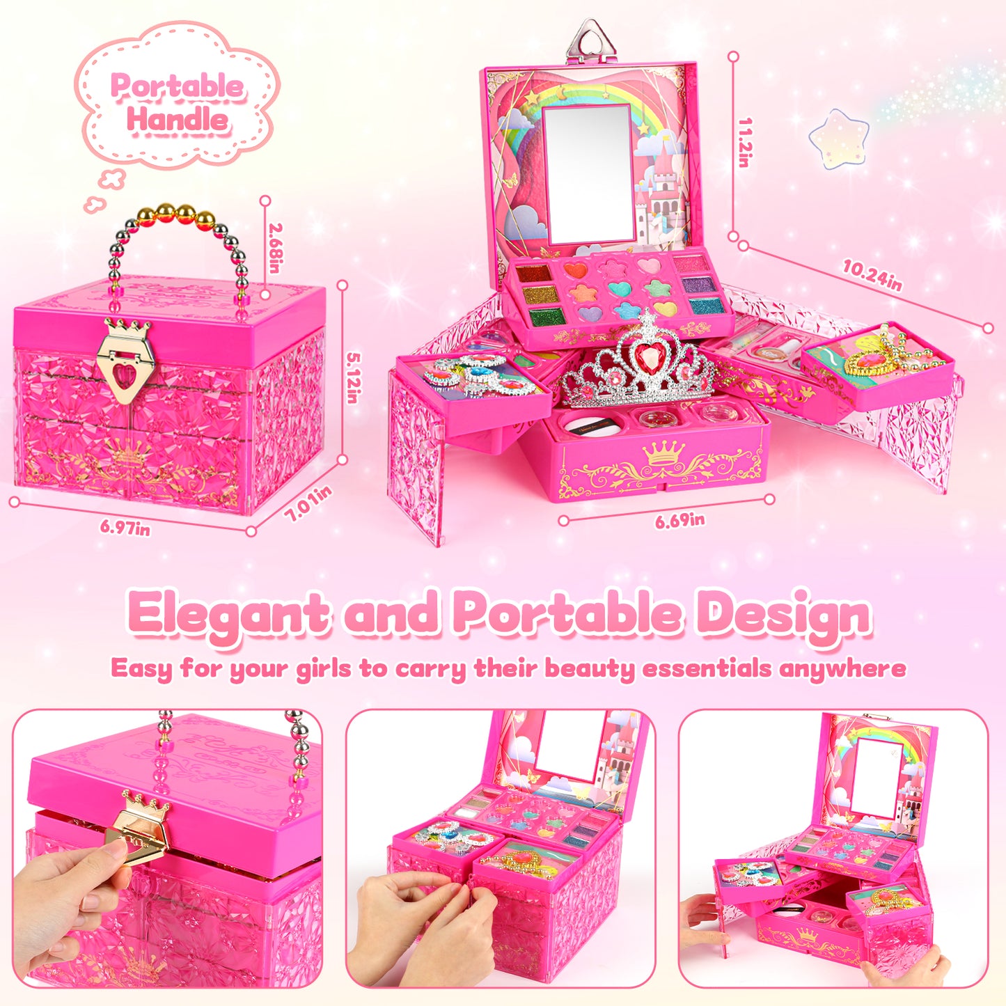 UUSUOO Kids Makeup Kit for Girls,46PCS Princess Toys Real Washable Cosmetic Set with Mirror,Non-Toxic Girls Makeup Kit,Girl Toys Christmas Birthday Gifts Toys for 3 4 5 6 7 8 9 10 Year Old Girls,Pink