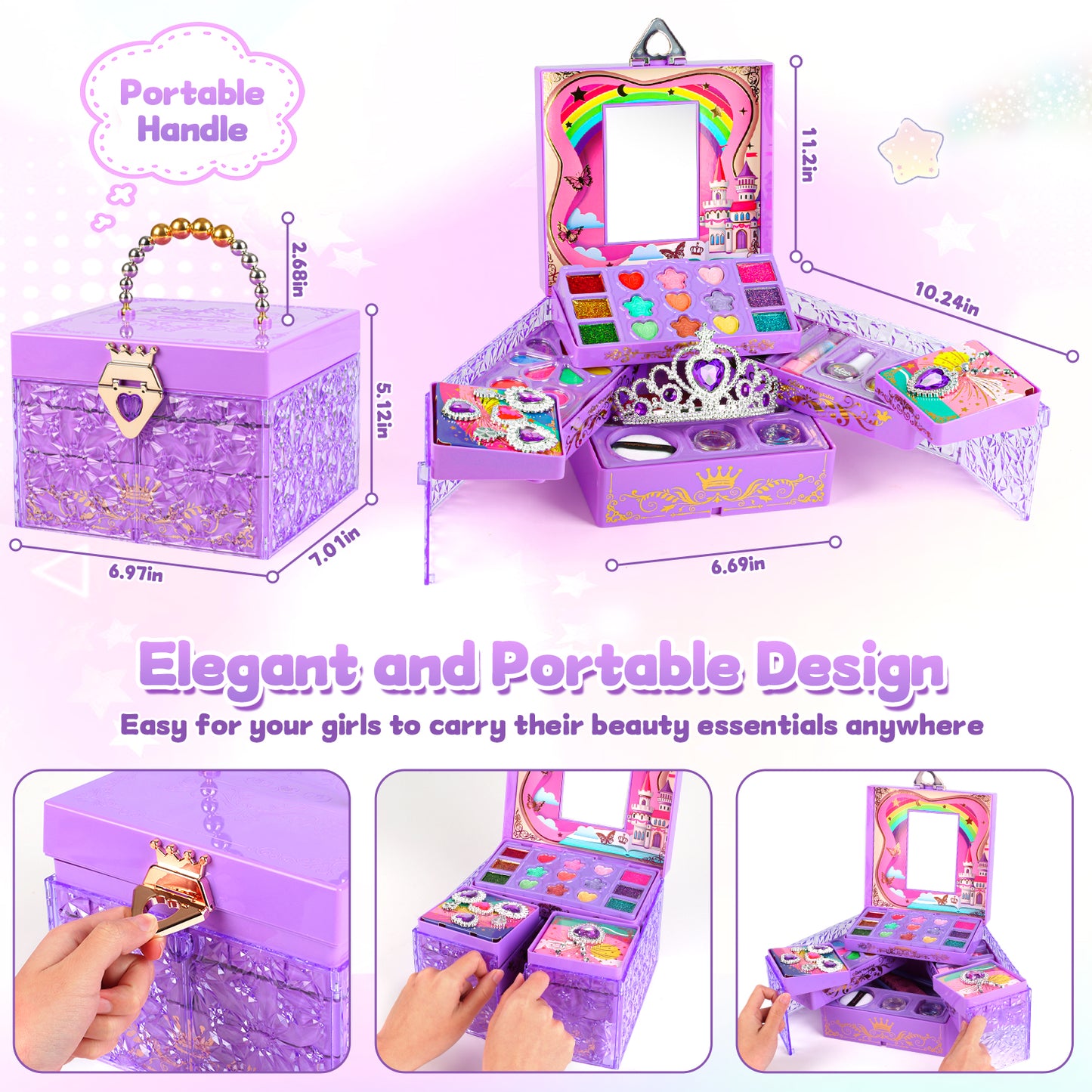 UUSUOO 46PCS Kids Makeup Kit for Girls,Real Washable Girls Makeup Kit for Kids,Non Toxic Pretend Play Cosmetic Set,Little Girls Princess Toys Gift for Christmas Birthday Aged 3 4 5 6 7 8 9 10,Purple