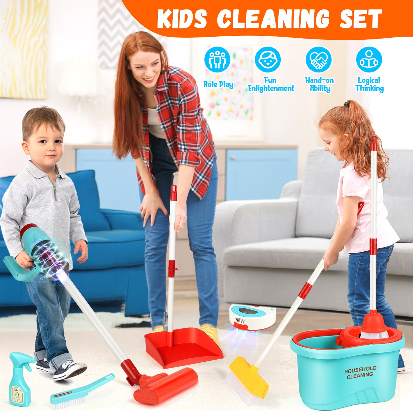 UUSUOO 13PCS Kids Cleaning Toy Sets,Kids Vacuum that Really Works with Light, Sound Effects,Kids Broom and Mop Set,Pretend Play Home Toddler Cleaning Set Toy Gifts for Boys & Girls Ages 3 4 5 6 7+