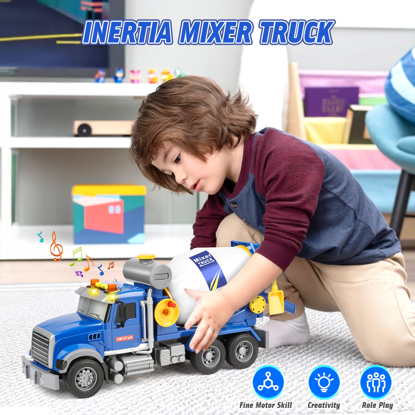 UUSUOO Toddler Trucks for Boys 3-6 Years,16" Cement Mixer Toy Truck for Boys with Lights and Sounds,Construction Trucks for Boys Age 4-7,Kids Toy trucks Christmas Birthday Gifts for Kids,Blue