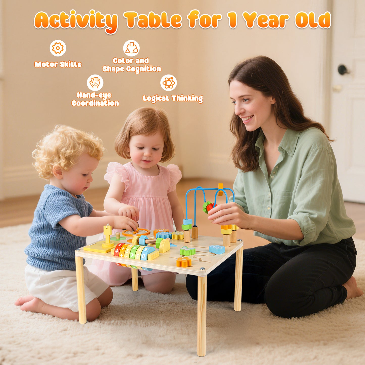 UUSUOO Activity Table for 1 Year Old,8-In-1 Wooden Montessori Toys with Bead Maze,Shape Sorter,Baby Sensory Toys 6-12 Months,Learning Toys for Baby 1st Christmas Birthday Gifts