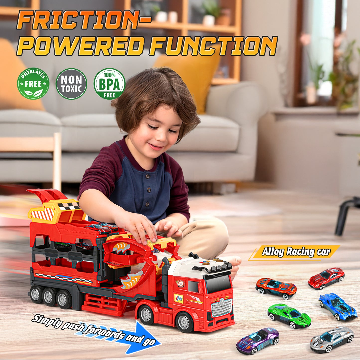 UUSUOO Carrier Truck Race Track Toys for Kids,45 inch Foldable Race Track with 6 Die-Cast Metal Toy Cars and Lights & Sounds, Truck Toys Toddlers Toys Xmas Gifts for 3 4 5 6 7 Years Old Boys and Girl