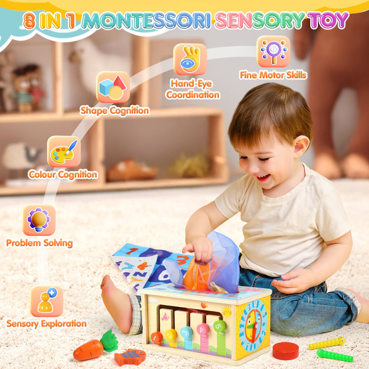 UUSUOO 8-in-1 Montessori Tissue Box Toy for Babies 6-12 Months,Wooden Activity Cube for Babies,Baby Puzzles 12-18 Months,Sensory Toys for Toddlers 1-3, Baby 1st Birthday Gift,Christmas Gifts for Baby