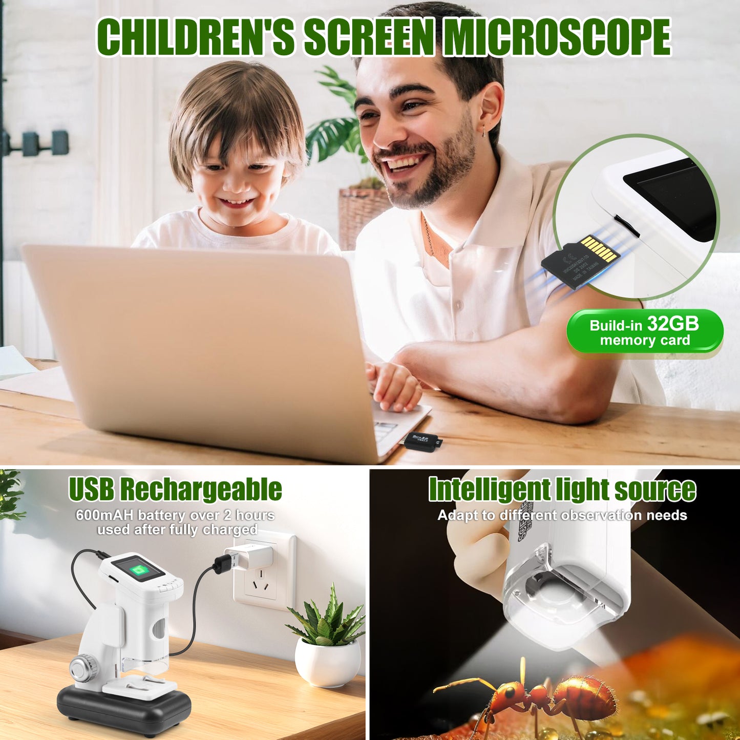 UUSUOO Microscope for Kids,120X-1200X Beginner STEM Microscope Kit with LED & 32GB Card,Science Kits for Kids,Educational Toys Birthday Christmas Gift for Kids Age 5-7 8-12