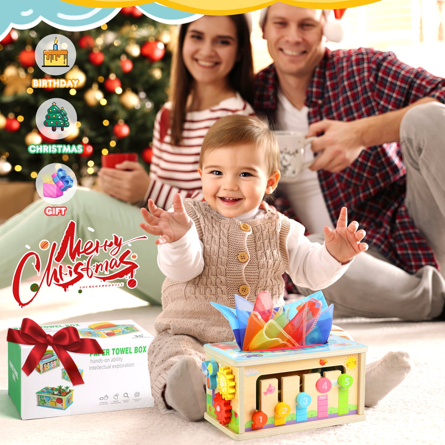 UUSUOO 8-in-1 Montessori Tissue Box Toy for Babies 6-12 Months,Wooden Activity Cube for Babies,Baby Puzzles 12-18 Months,Sensory Toys for Toddlers 1-3, Baby 1st Birthday Gift,Christmas Gifts for Baby