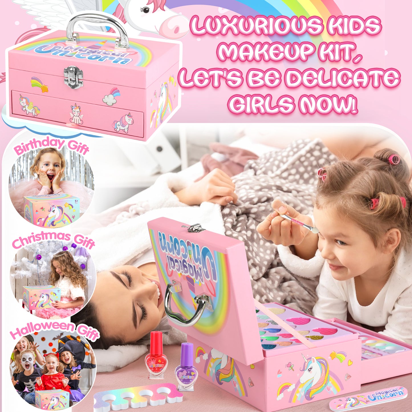 UUSUOO Kids Makeup Set for Girls, Girls Unicorn Makeup Kit for Kids Age 8-12, Real Washable Makeup Princess Toys for Girls 3-6 Years,Pink