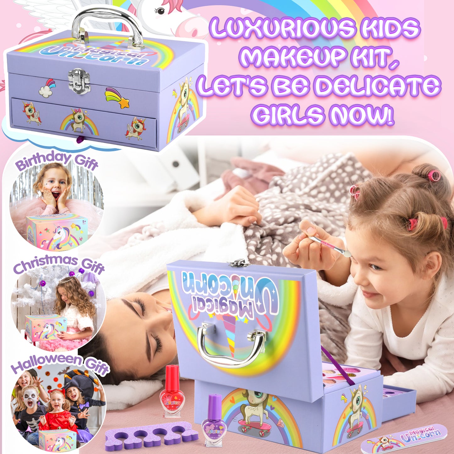 UUSUOO Kids Makeup Kit for Girls Toys,Real Washable Makeup Toy for Little Girl Princess,Play Make Up Birthday Gift Toy for Toddler Girls Age 3-6 9-10 Years,Purple