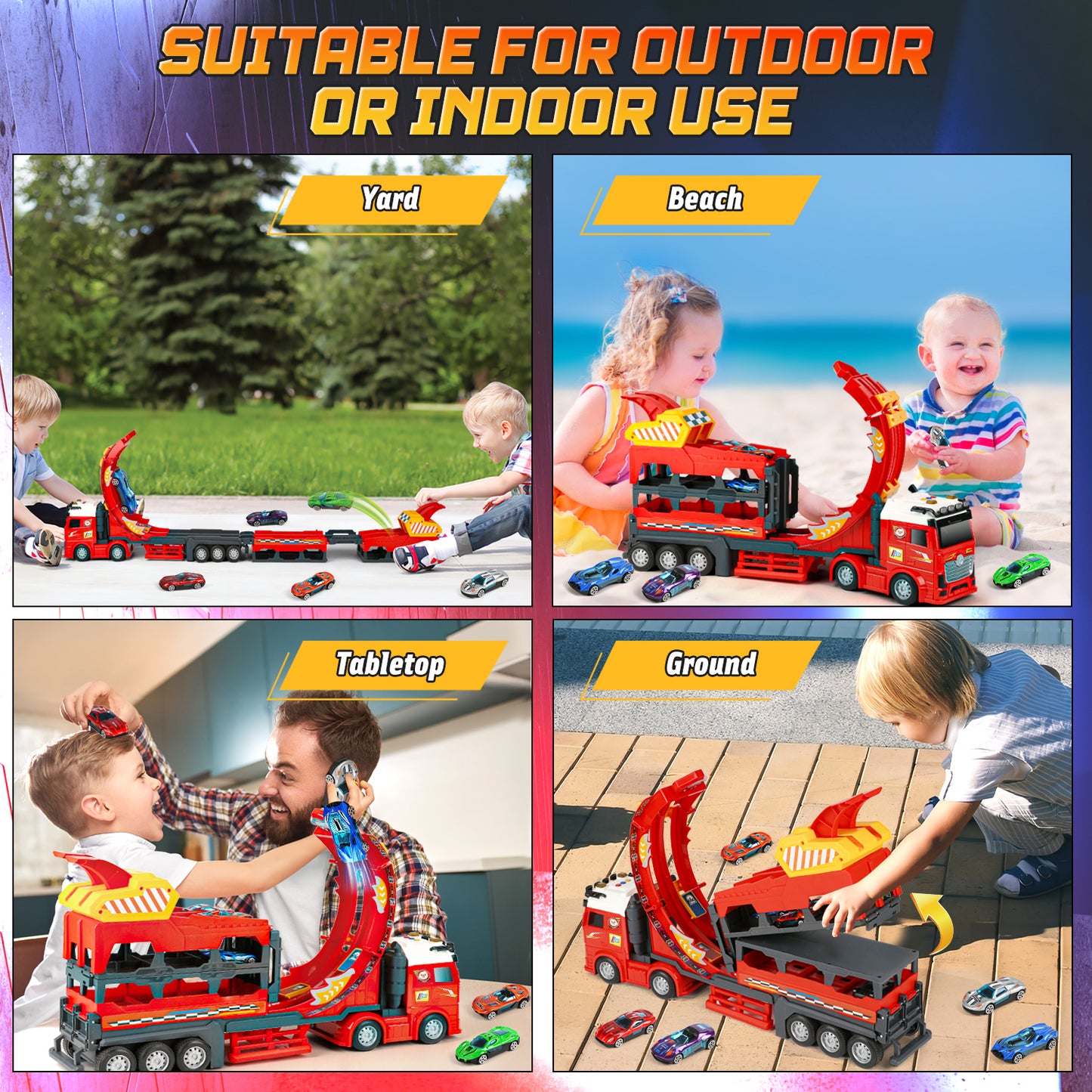 UUSUOO Carrier Truck Race Track Toys for Kids,45 inch Foldable Race Track with 6 Die-Cast Metal Toy Cars and Lights & Sounds, Truck Toys Toddlers Toys Xmas Gifts for 3 4 5 6 7 Years Old Boys and Girl