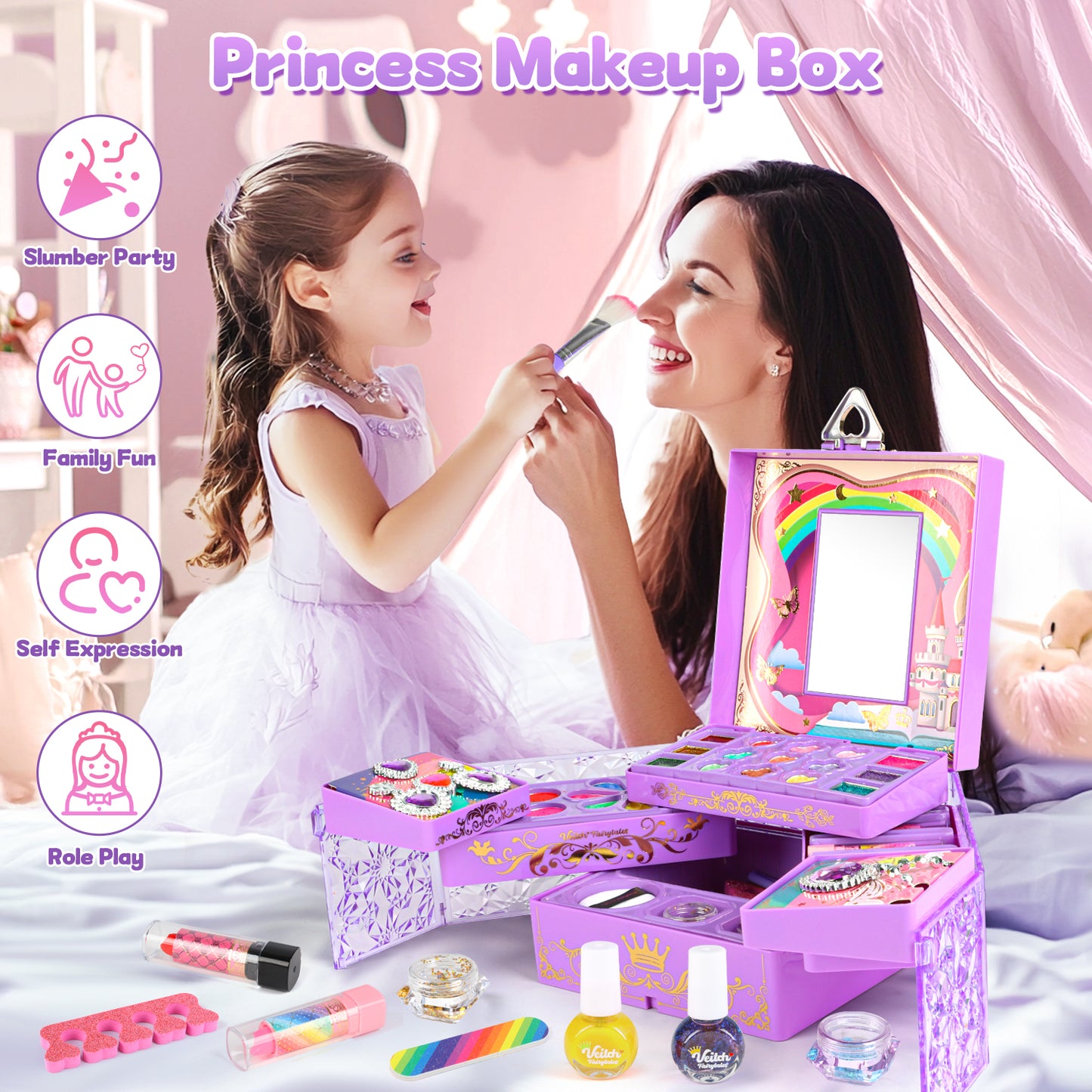 UUSUOO 46PCS Kids Makeup Kit for Girls,Real Washable Girls Makeup Kit for Kids,Non Toxic Pretend Play Cosmetic Set,Little Girls Princess Toys Gift for Christmas Birthday Aged 3 4 5 6 7 8 9 10,Purple